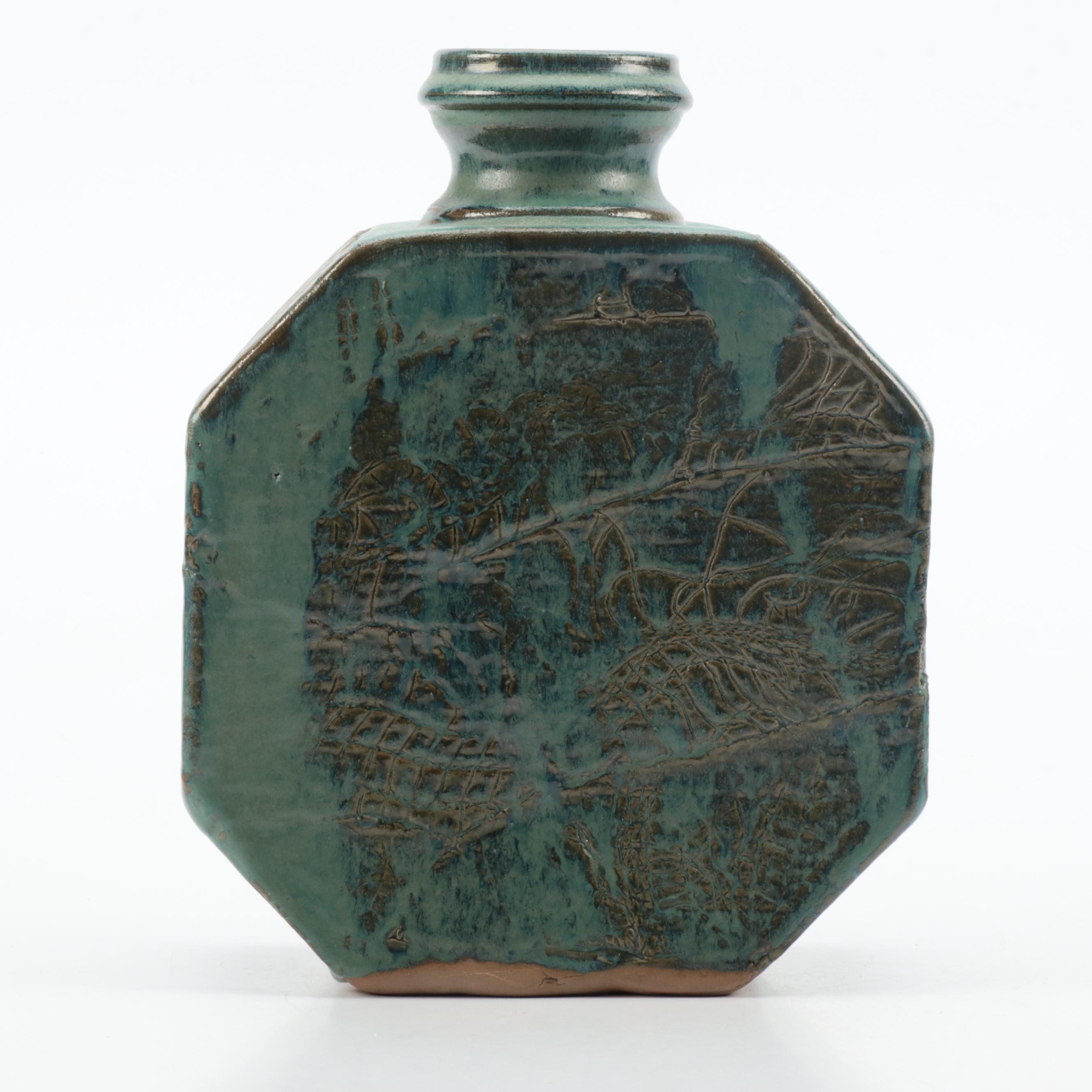 Artisan Hand Built Slab Art Pottery Raku-Fired and Glazed Bottle Vase