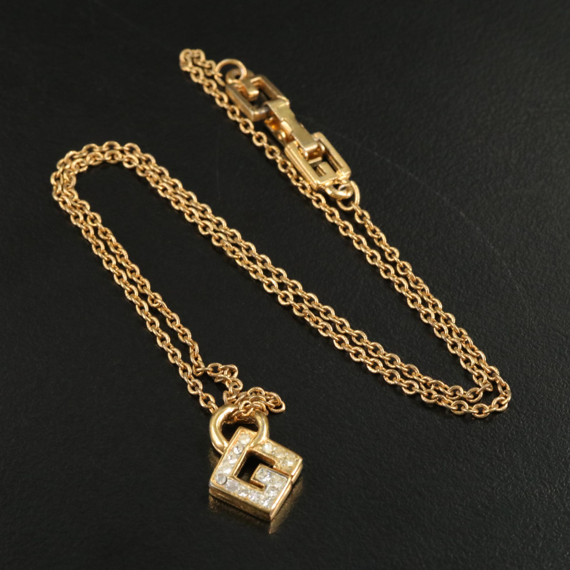 Givenchy Vintage Rhinestone "G" Pendant Necklace