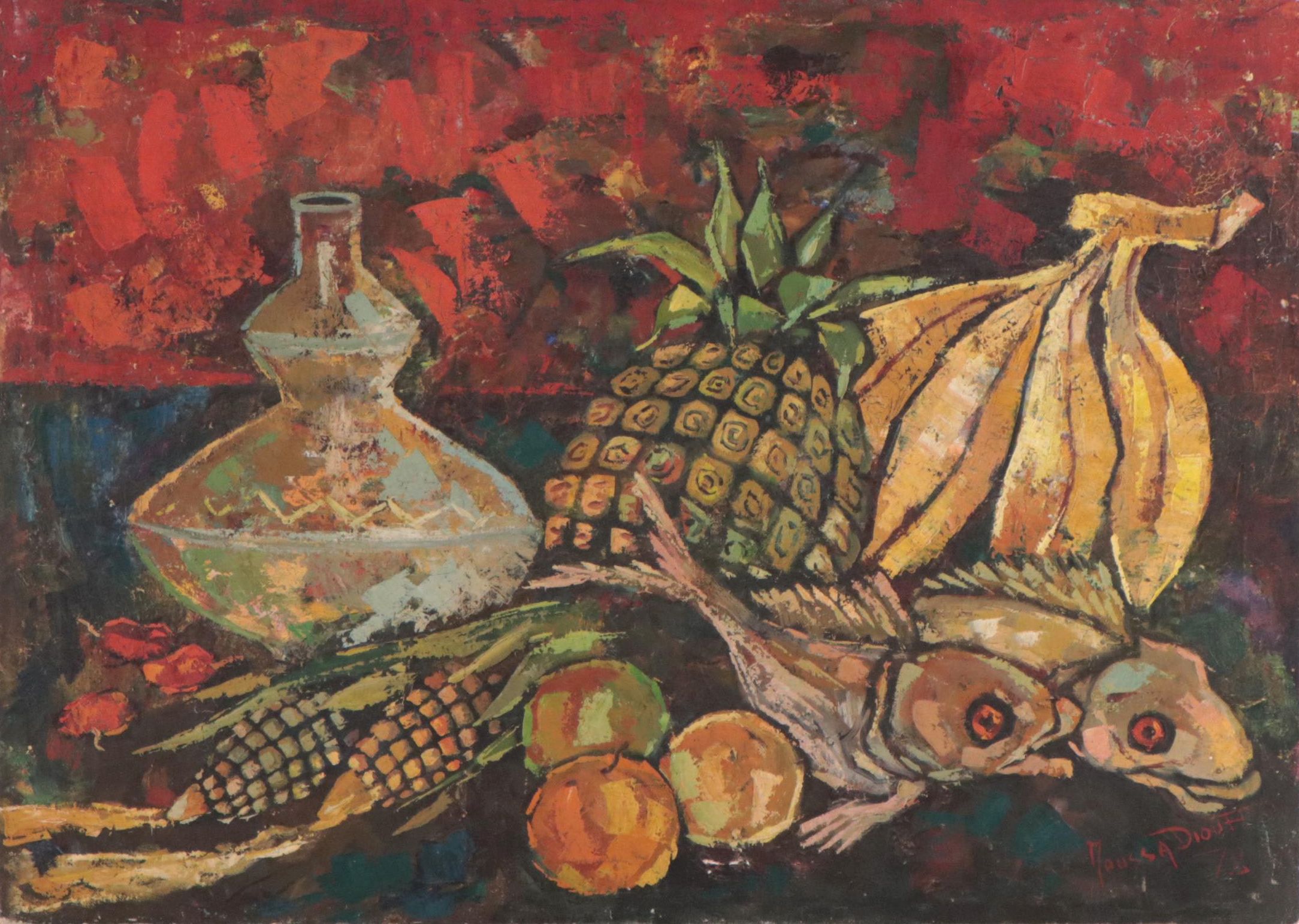 Moussa Diouf Oil Painting "Symphony of Couleurs," 1978