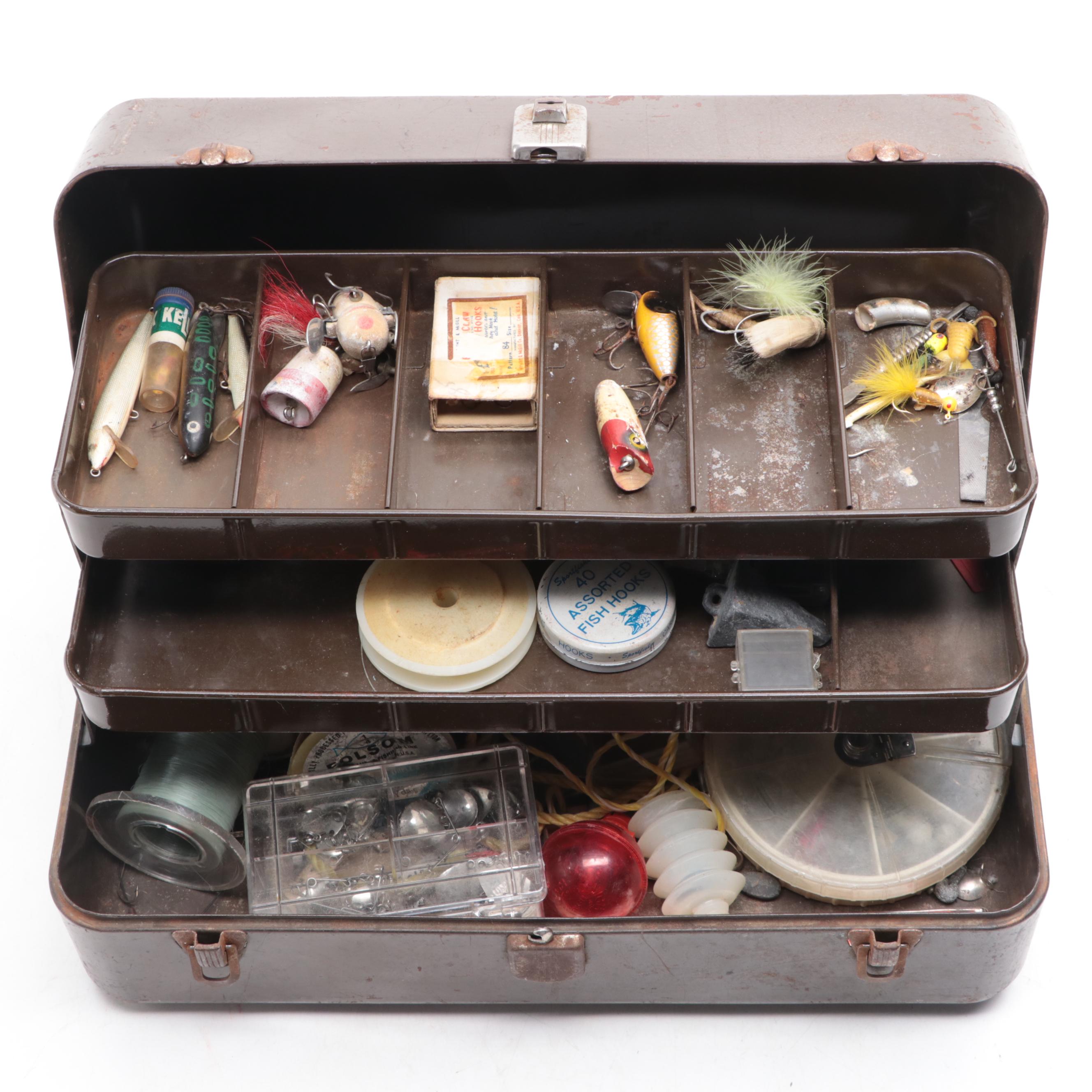 Metal Tackle Box with Lures, Line, Spinners, Weights and Other Tackle