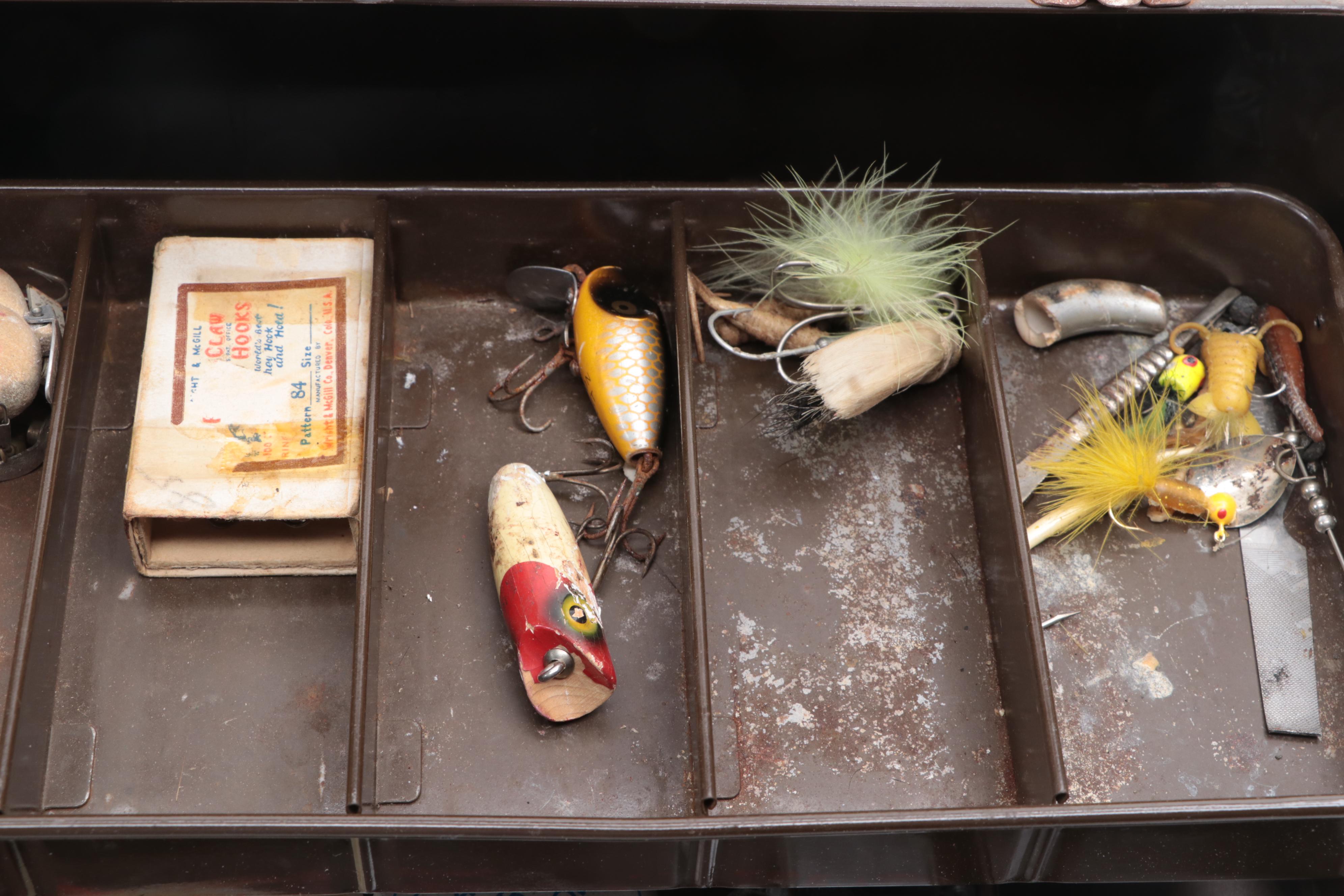 Metal Tackle Box with Lures, Line, Spinners, Weights and Other Tackle