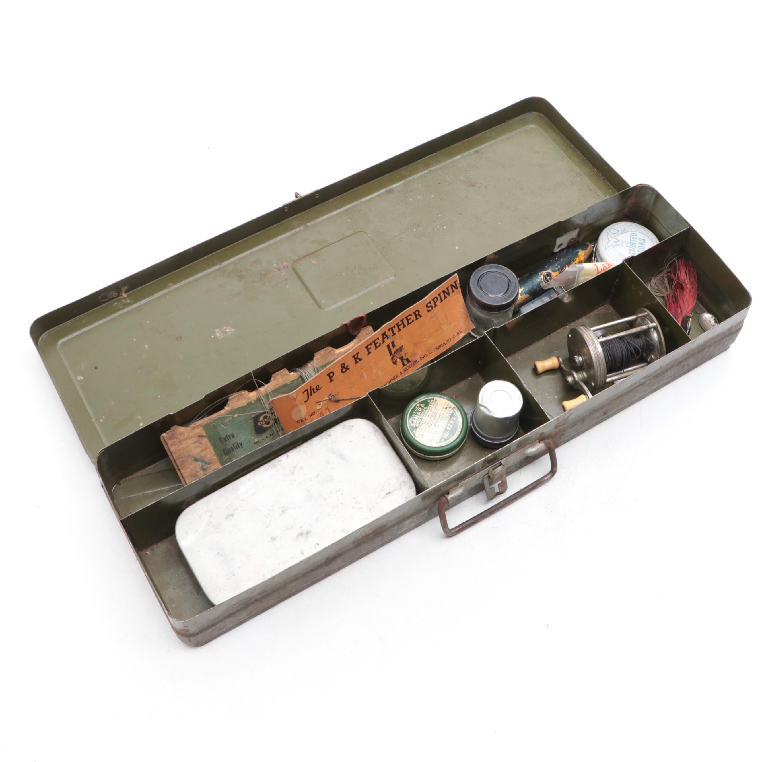 Climax Metal Tackle Box with Fly Fishing Lures, Spinners, and Other Tackle