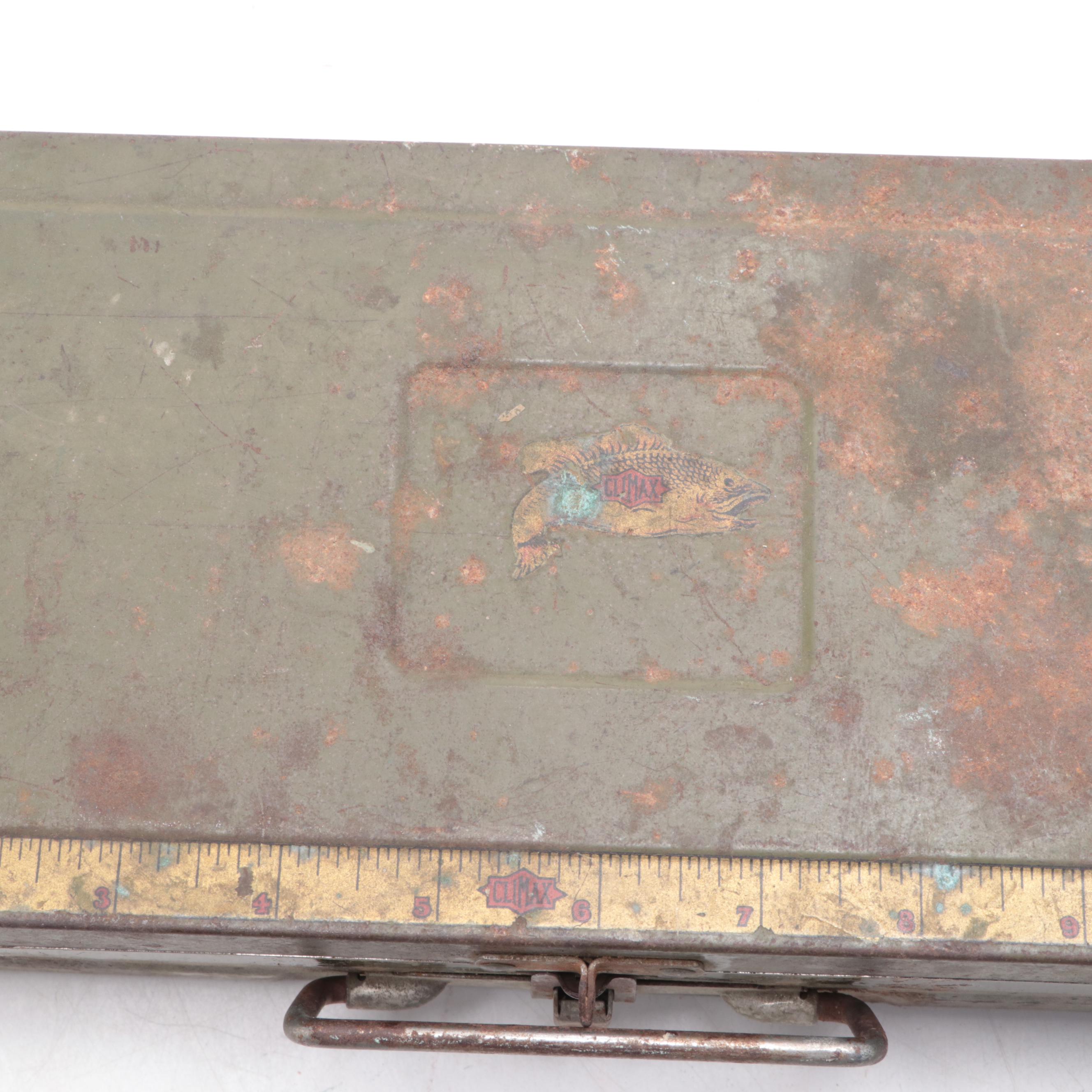 Climax Metal Tackle Box with Fly Fishing Lures, Spinners, and Other Tackle