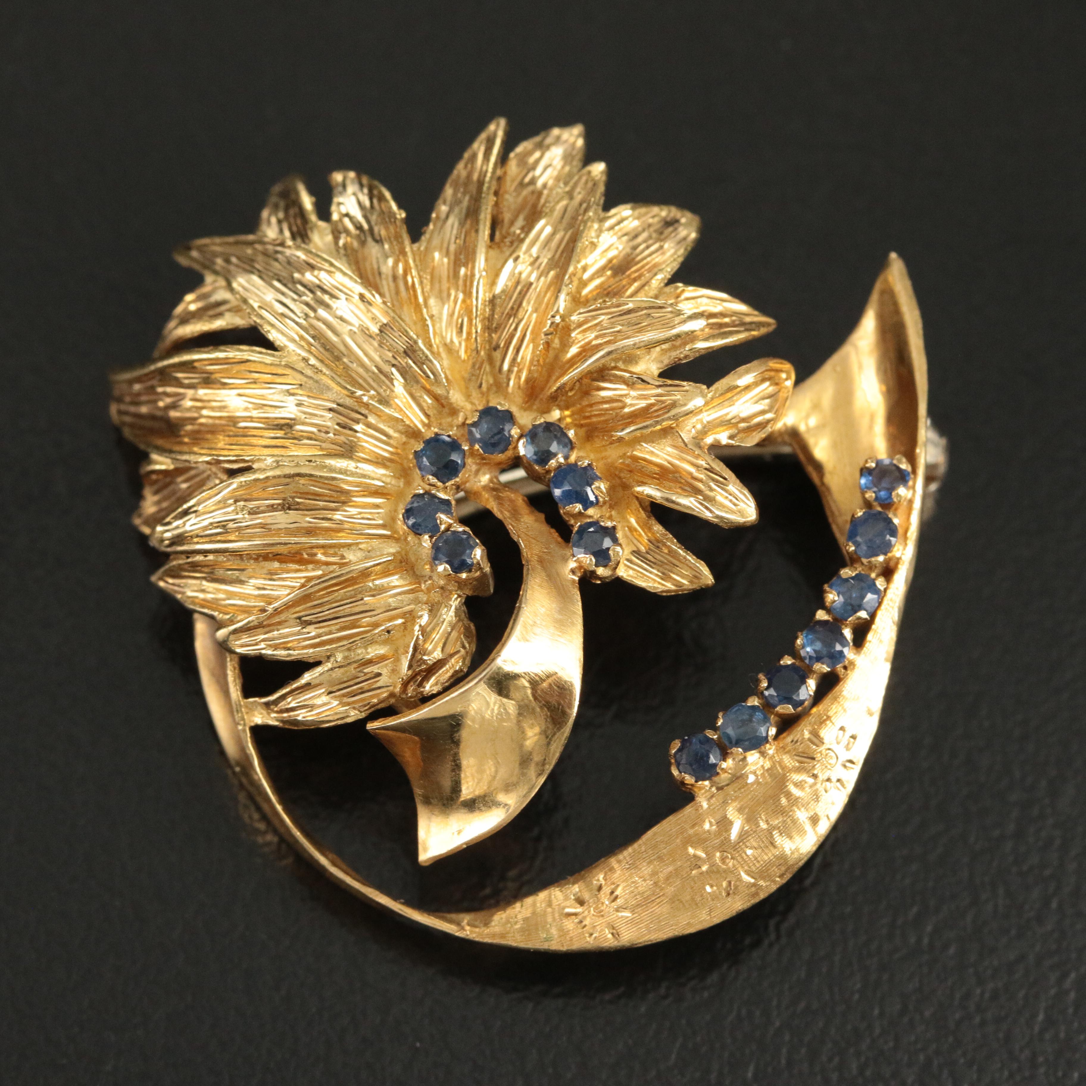 Vintage Italian Molina 18K  Sapphire Stylized Palm Brooch