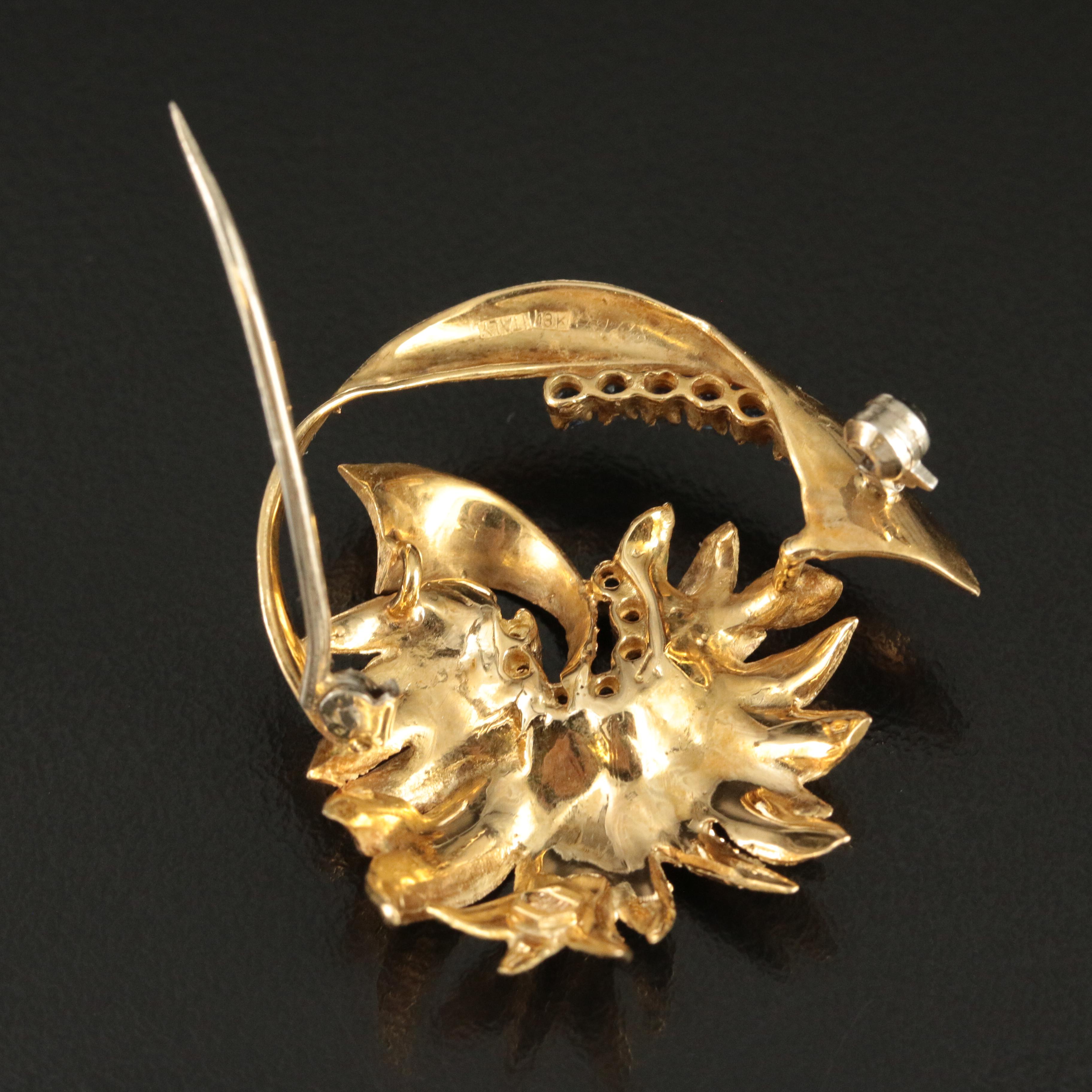 Vintage Italian Molina 18K  Sapphire Stylized Palm Brooch