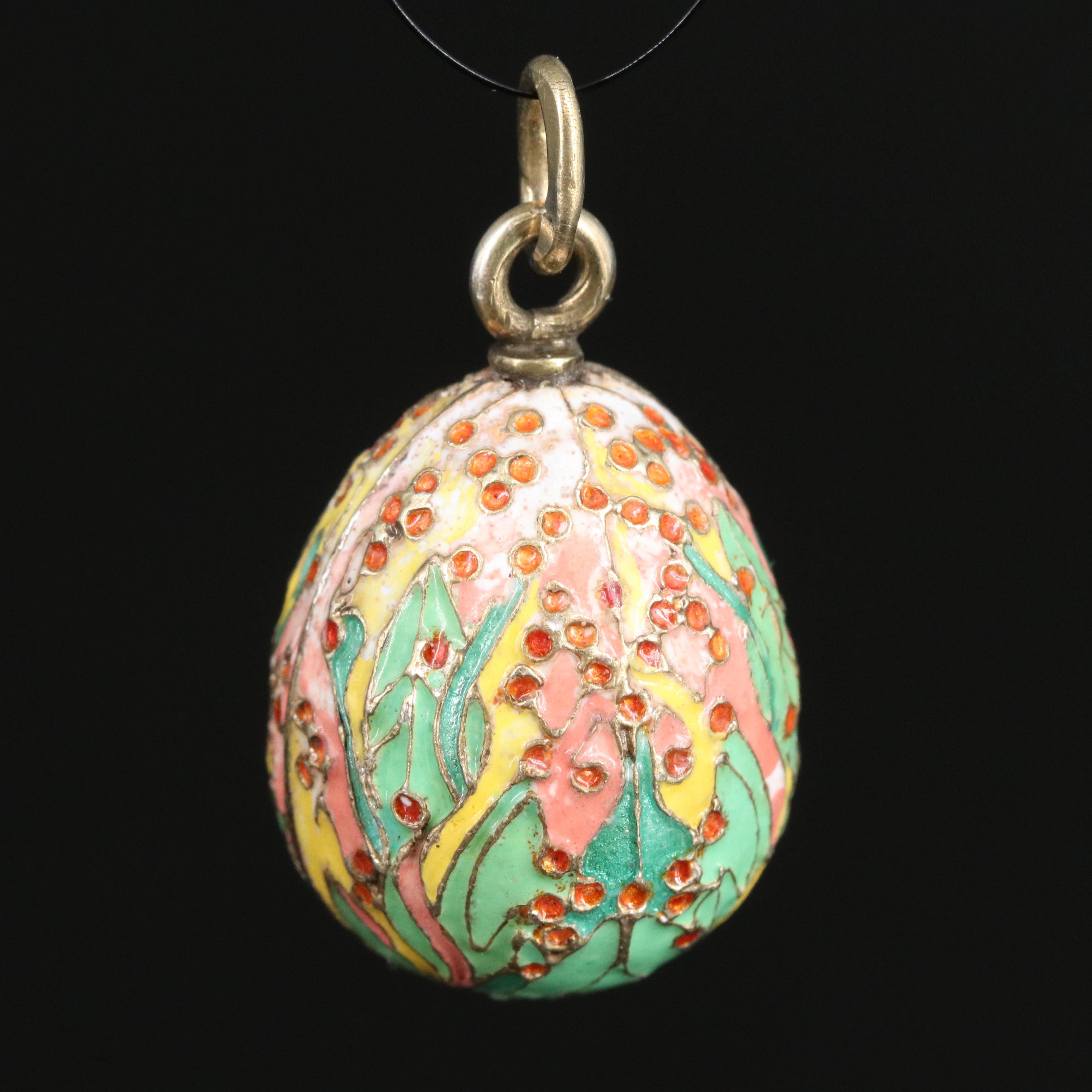 Russian 875 Gilt-Silver Floral Enamel Egg Pendant in Neo-Russian Style