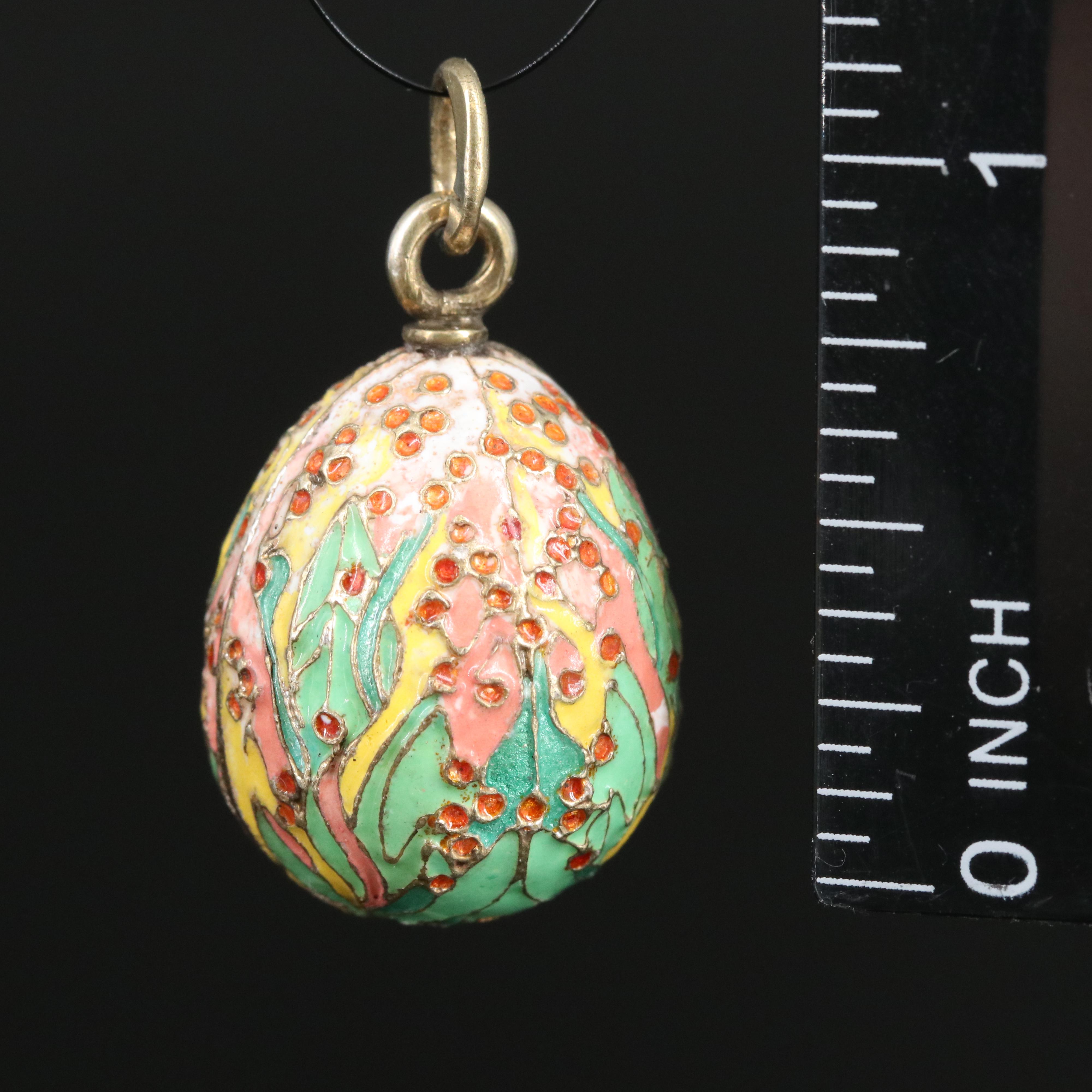 Russian 875 Gilt-Silver Floral Enamel Egg Pendant in Neo-Russian Style