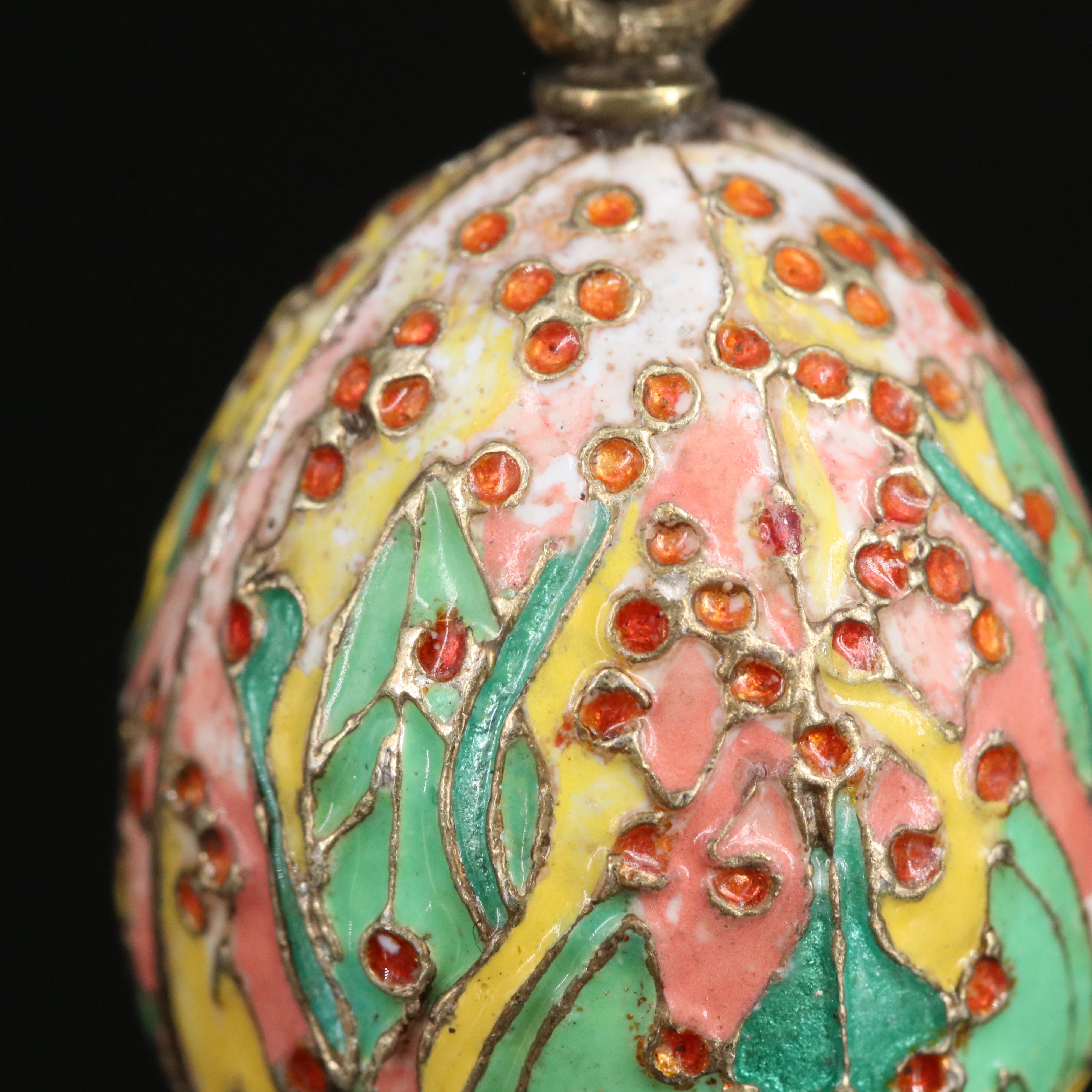 Russian 875 Gilt-Silver Floral Enamel Egg Pendant in Neo-Russian Style