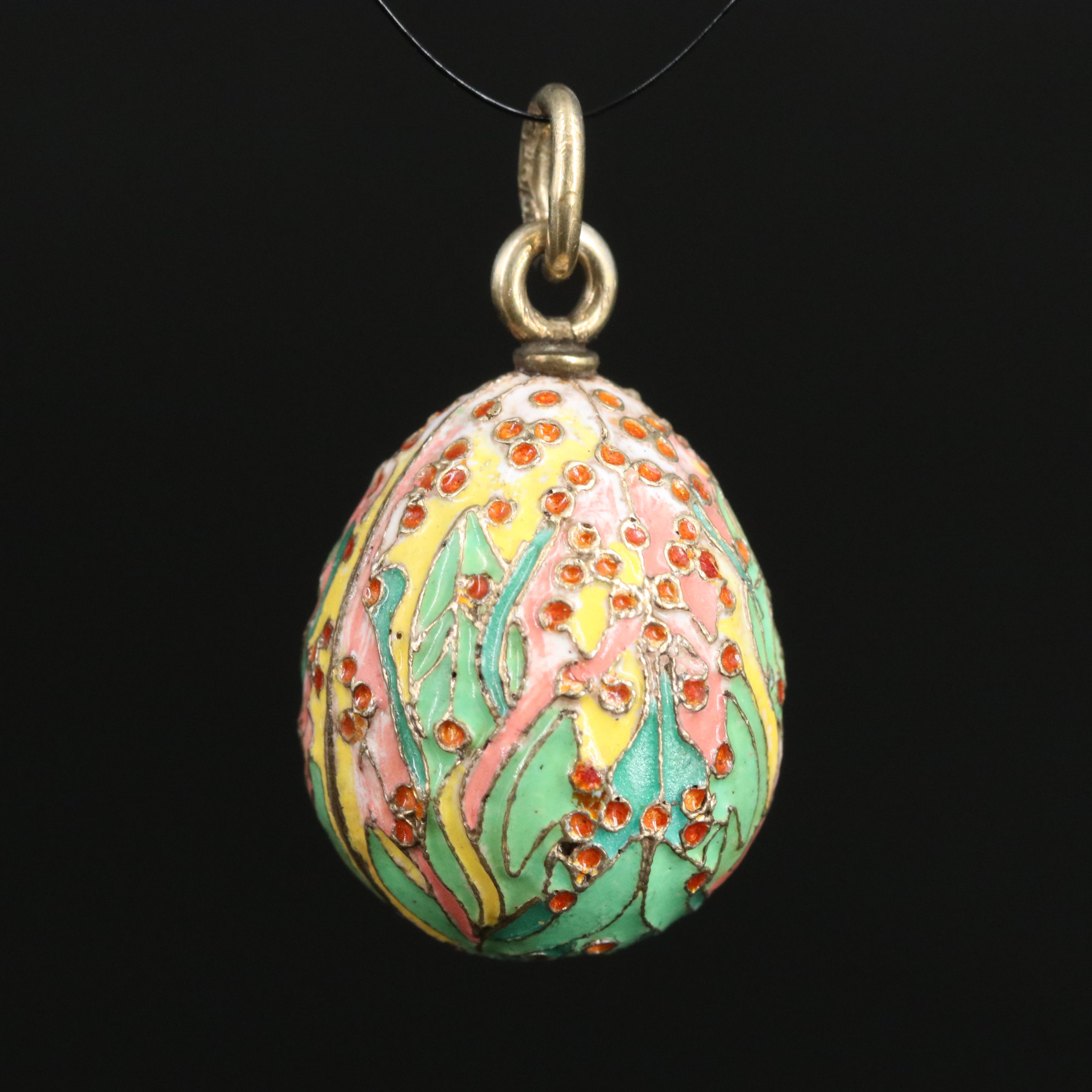 Russian 875 Gilt-Silver Floral Enamel Egg Pendant in Neo-Russian Style