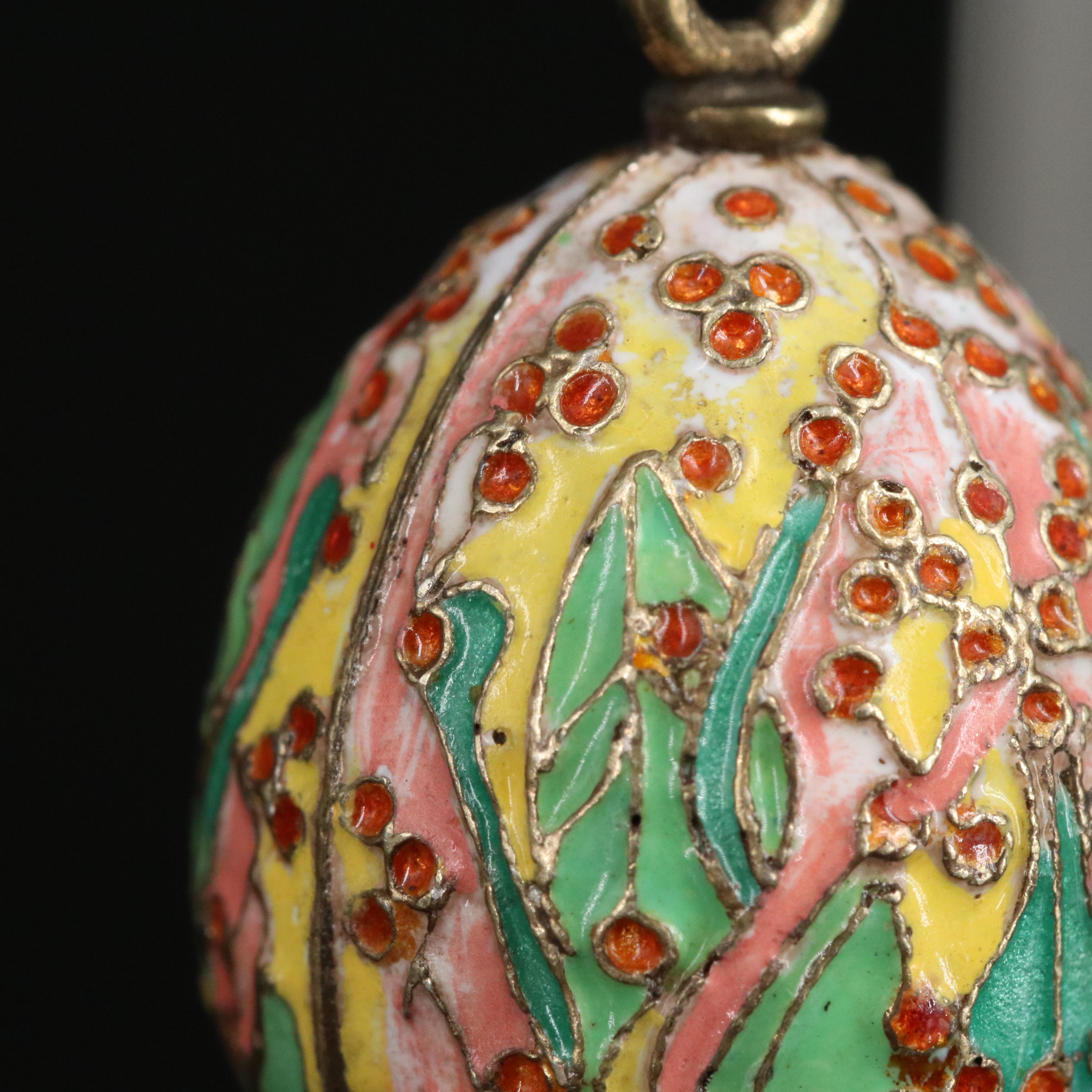 Russian 875 Gilt-Silver Floral Enamel Egg Pendant in Neo-Russian Style