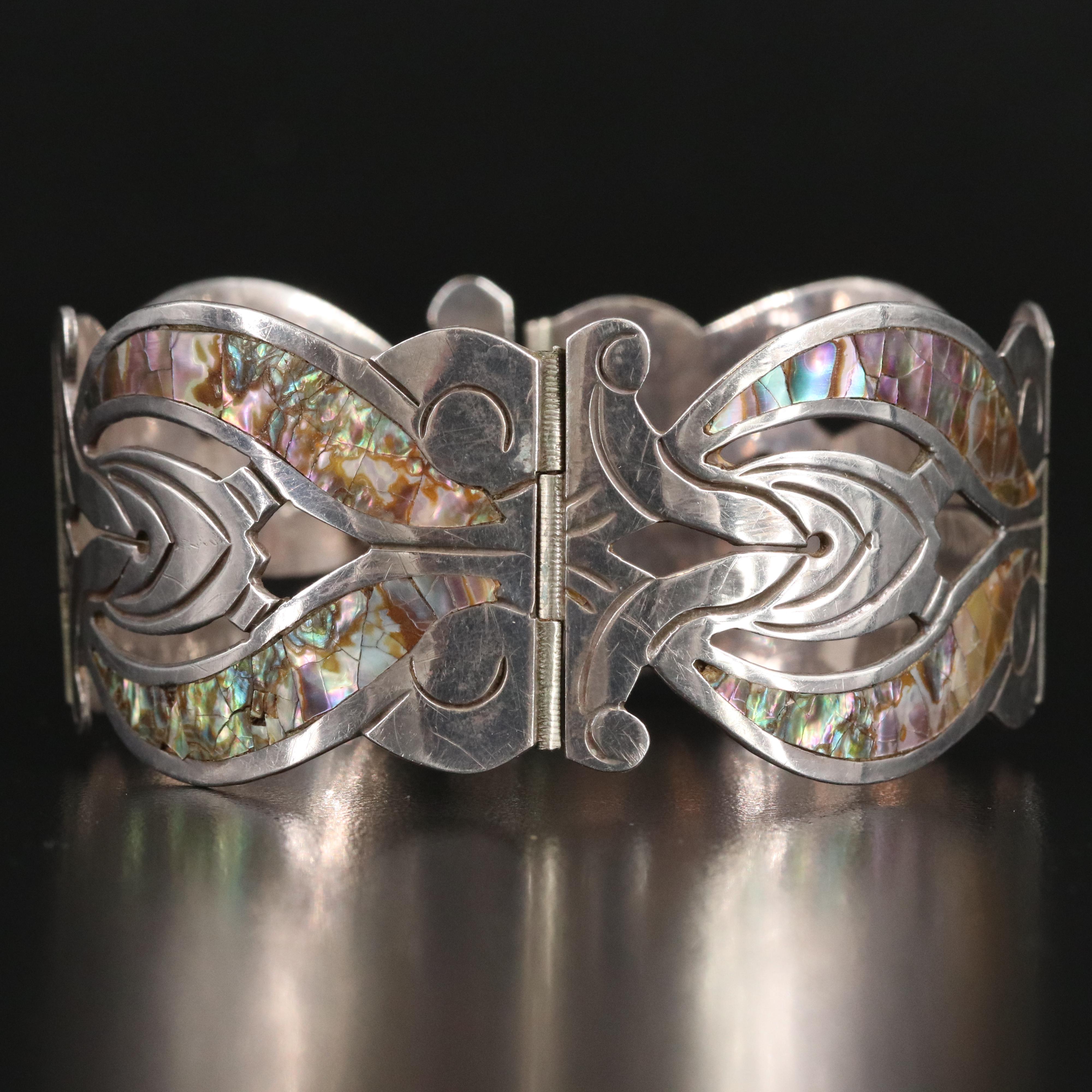 Los Ballesteros Sterling Panel Bracelet with Abalone Inlay