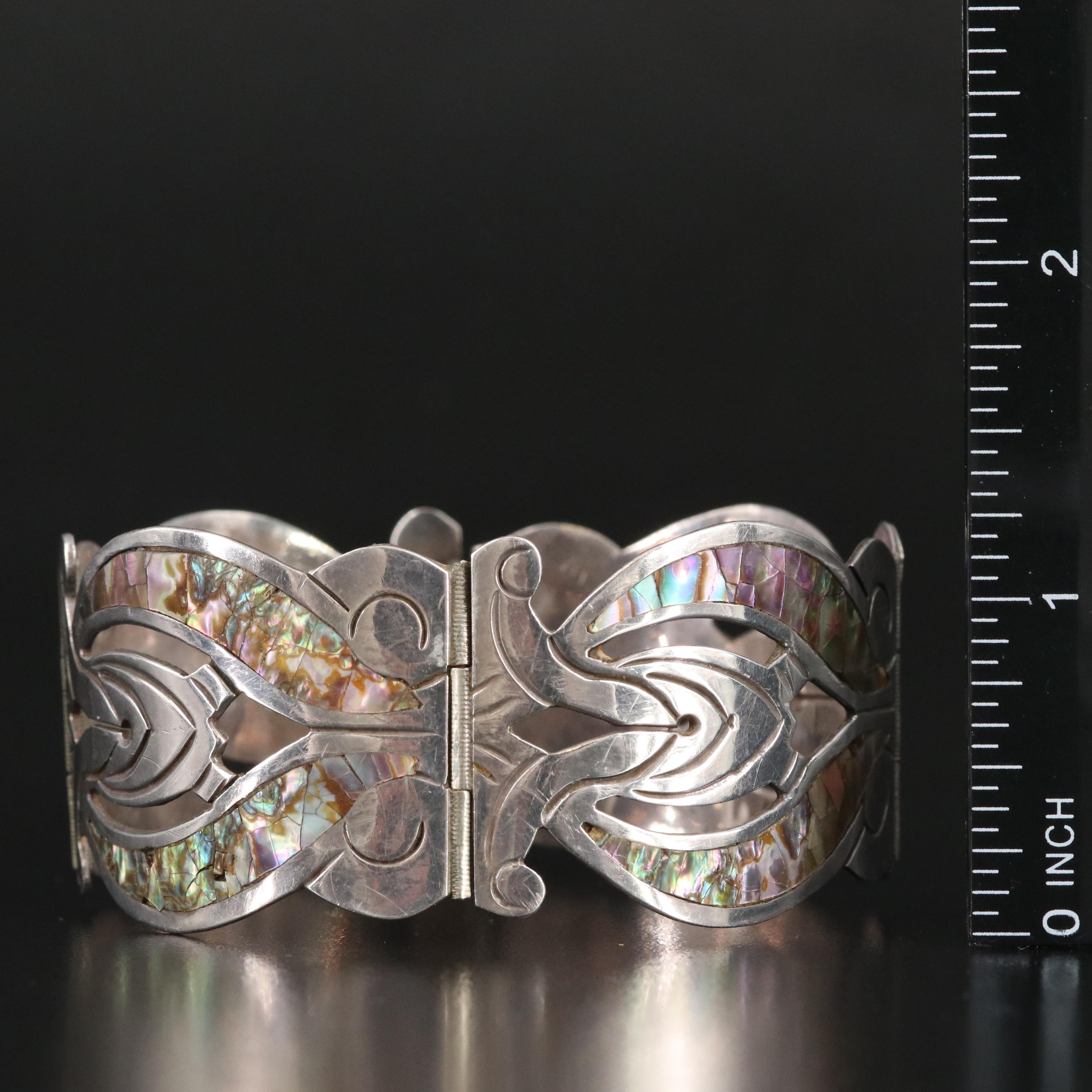 Los Ballesteros Sterling Panel Bracelet with Abalone Inlay
