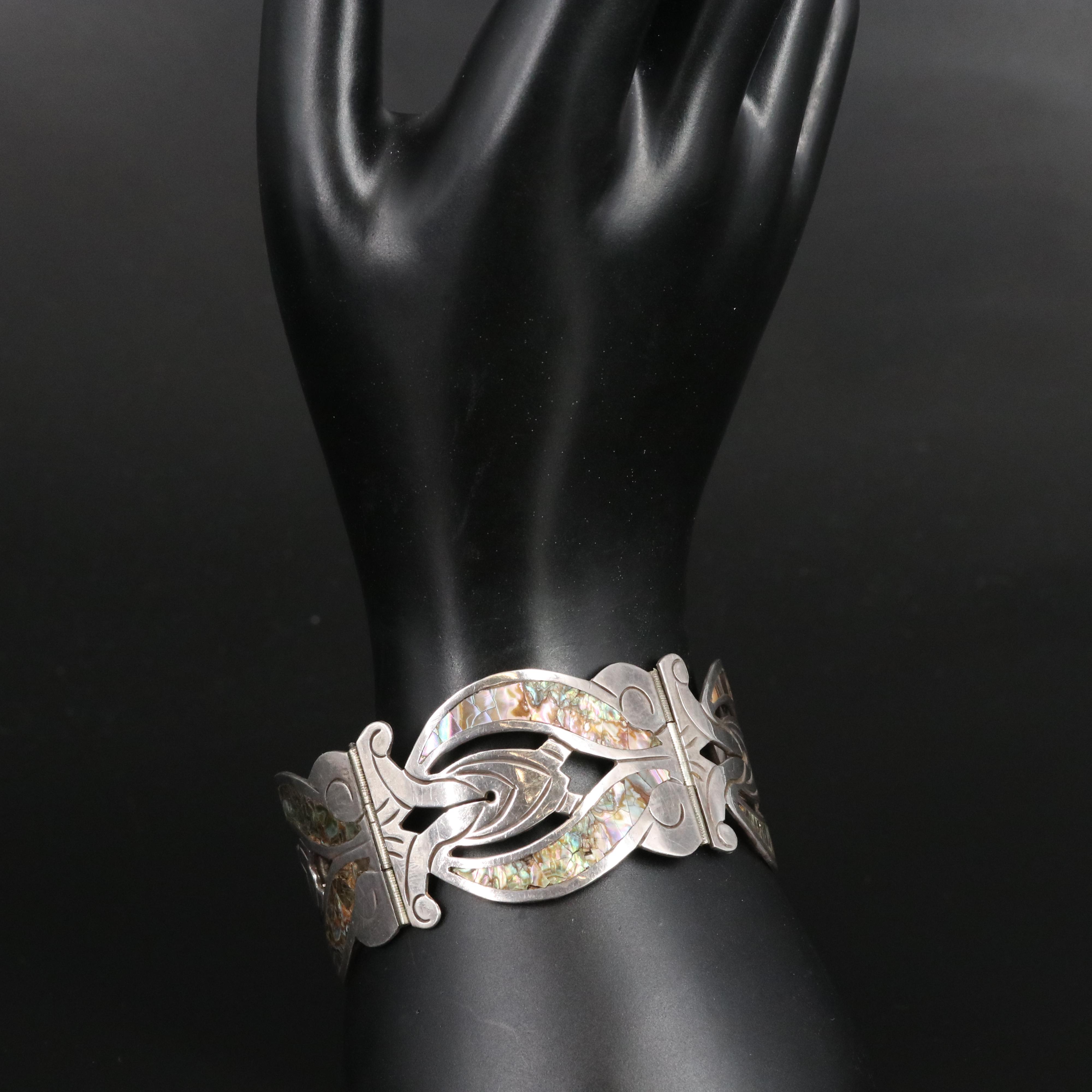 Los Ballesteros Sterling Panel Bracelet with Abalone Inlay