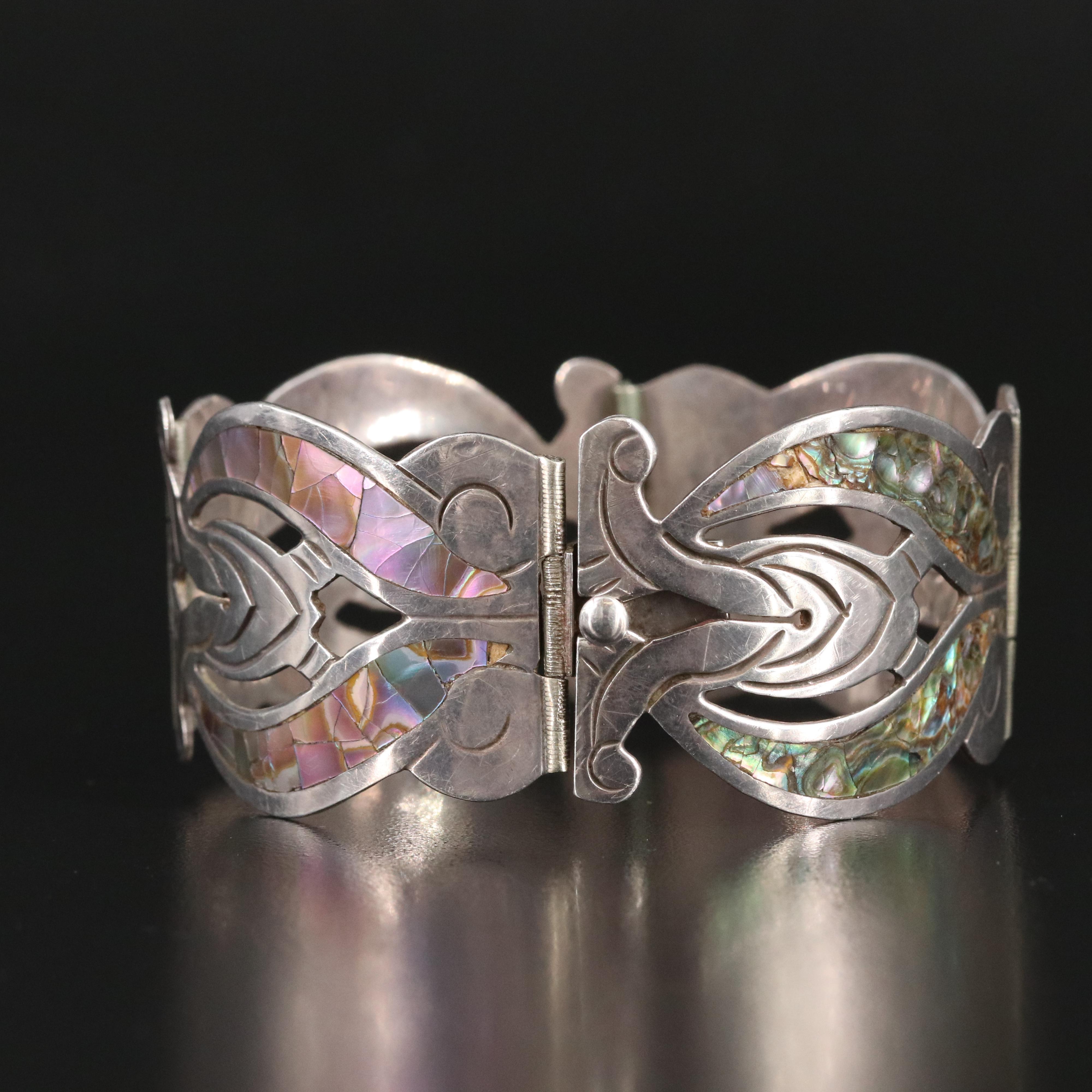 Los Ballesteros Sterling Panel Bracelet with Abalone Inlay