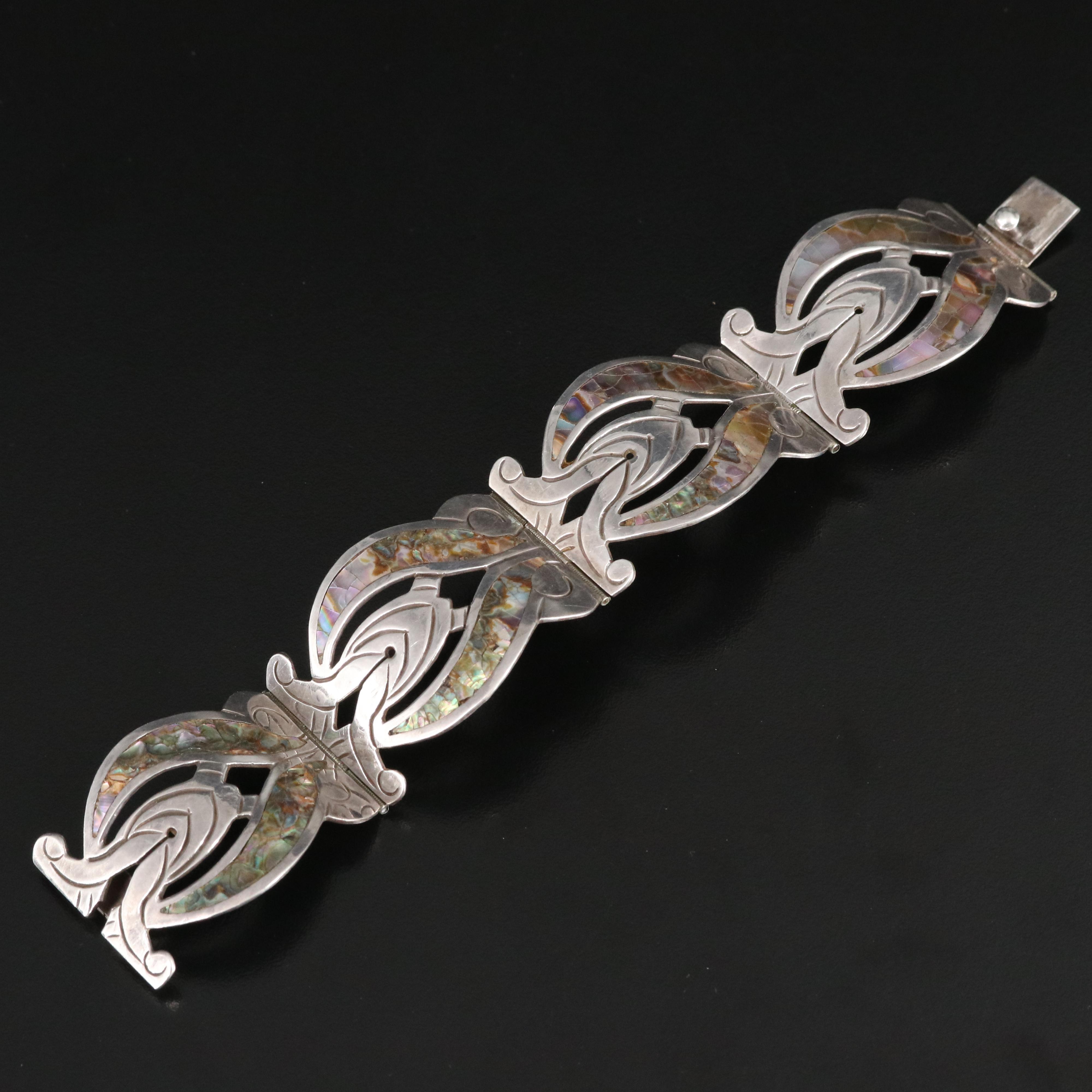 Los Ballesteros Sterling Panel Bracelet with Abalone Inlay