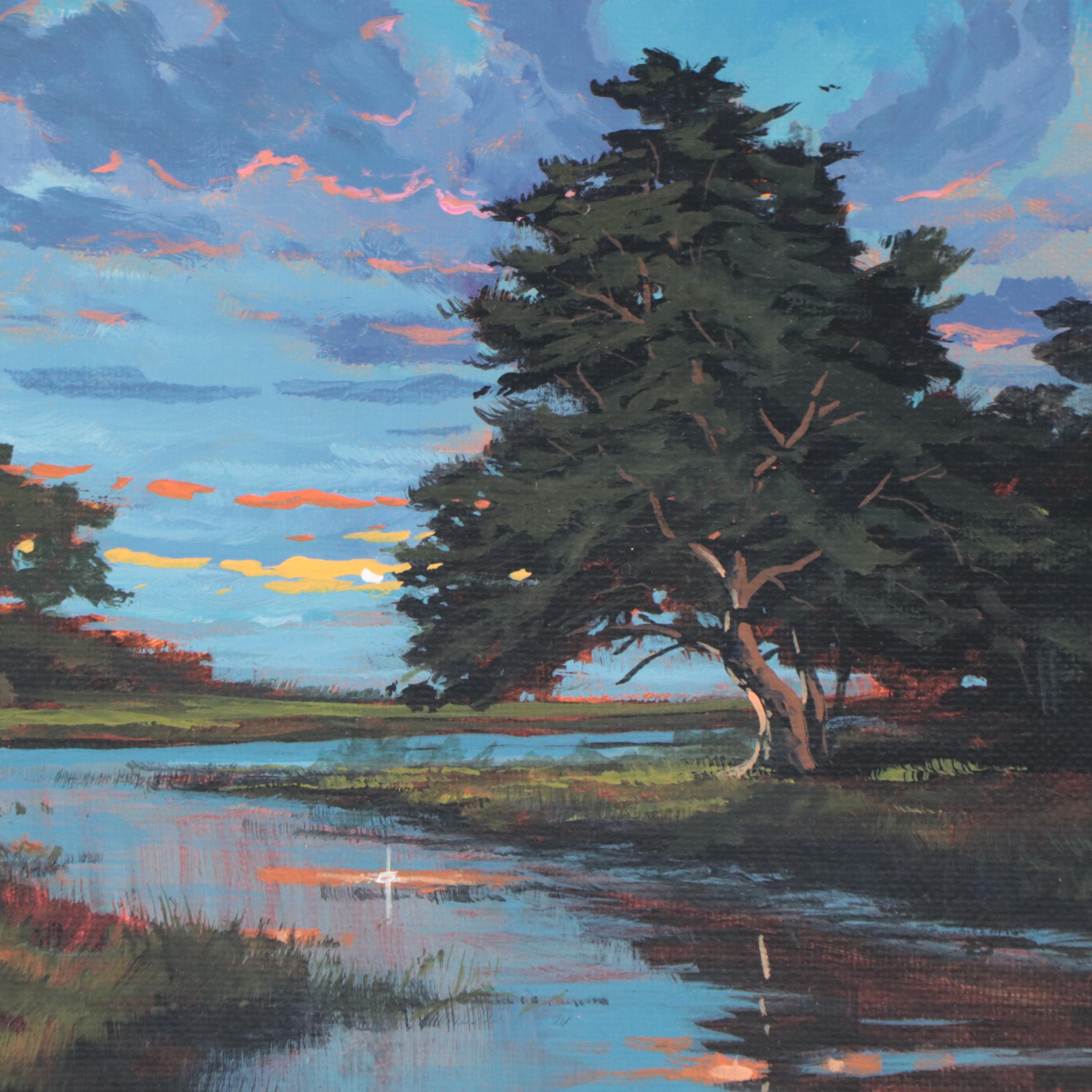 Douglas “Bumo” Johnpeer River Landscape Oil Painting, 21st Century