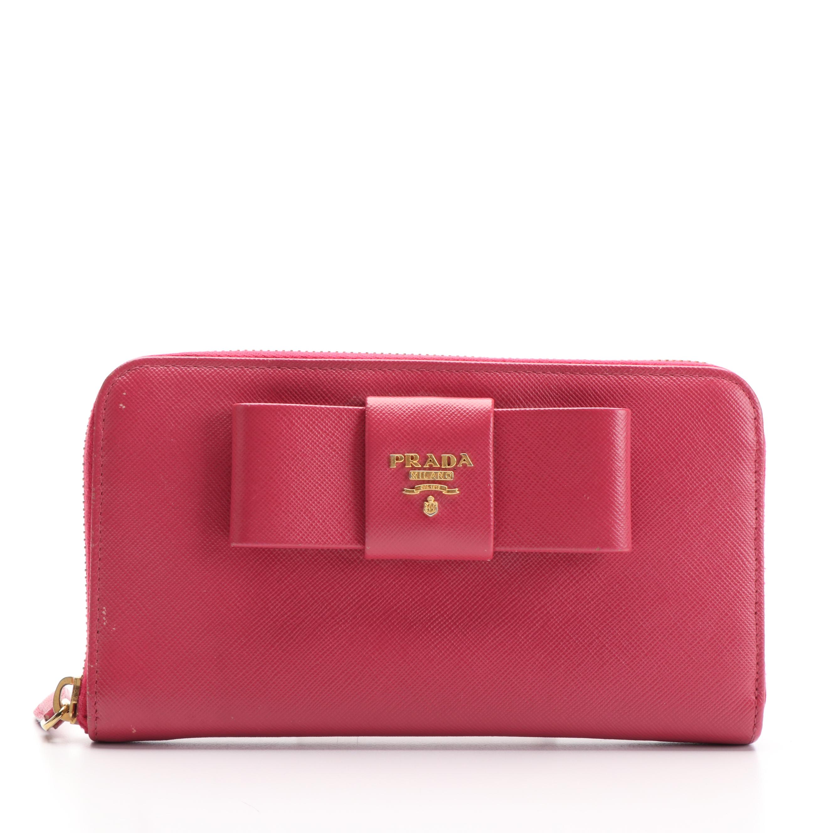 Prada Ribbon Motif Saffiano Leather Zip Around Wallet