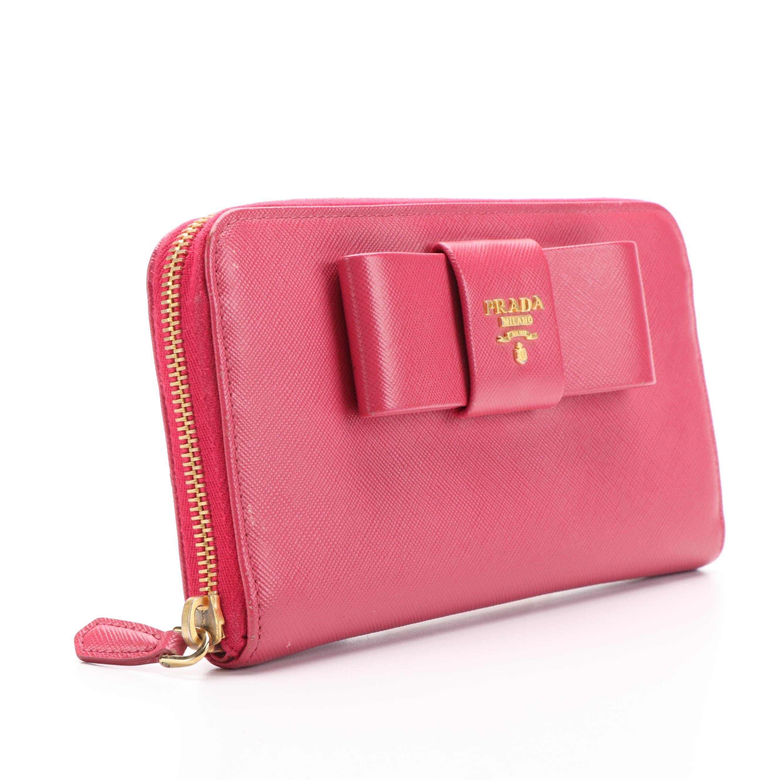 Prada Ribbon Motif Saffiano Leather Zip Around Wallet