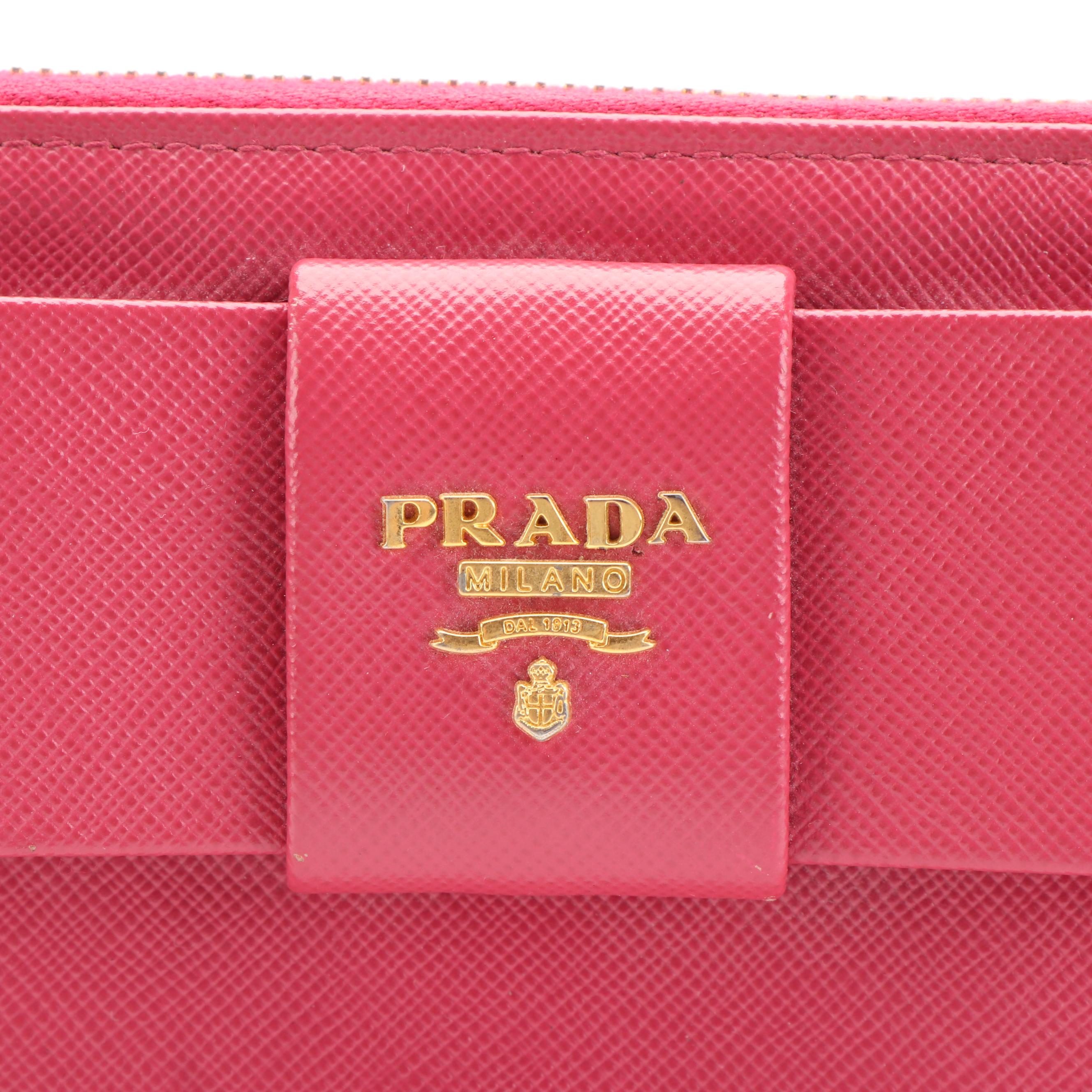 Prada Ribbon Motif Saffiano Leather Zip Around Wallet
