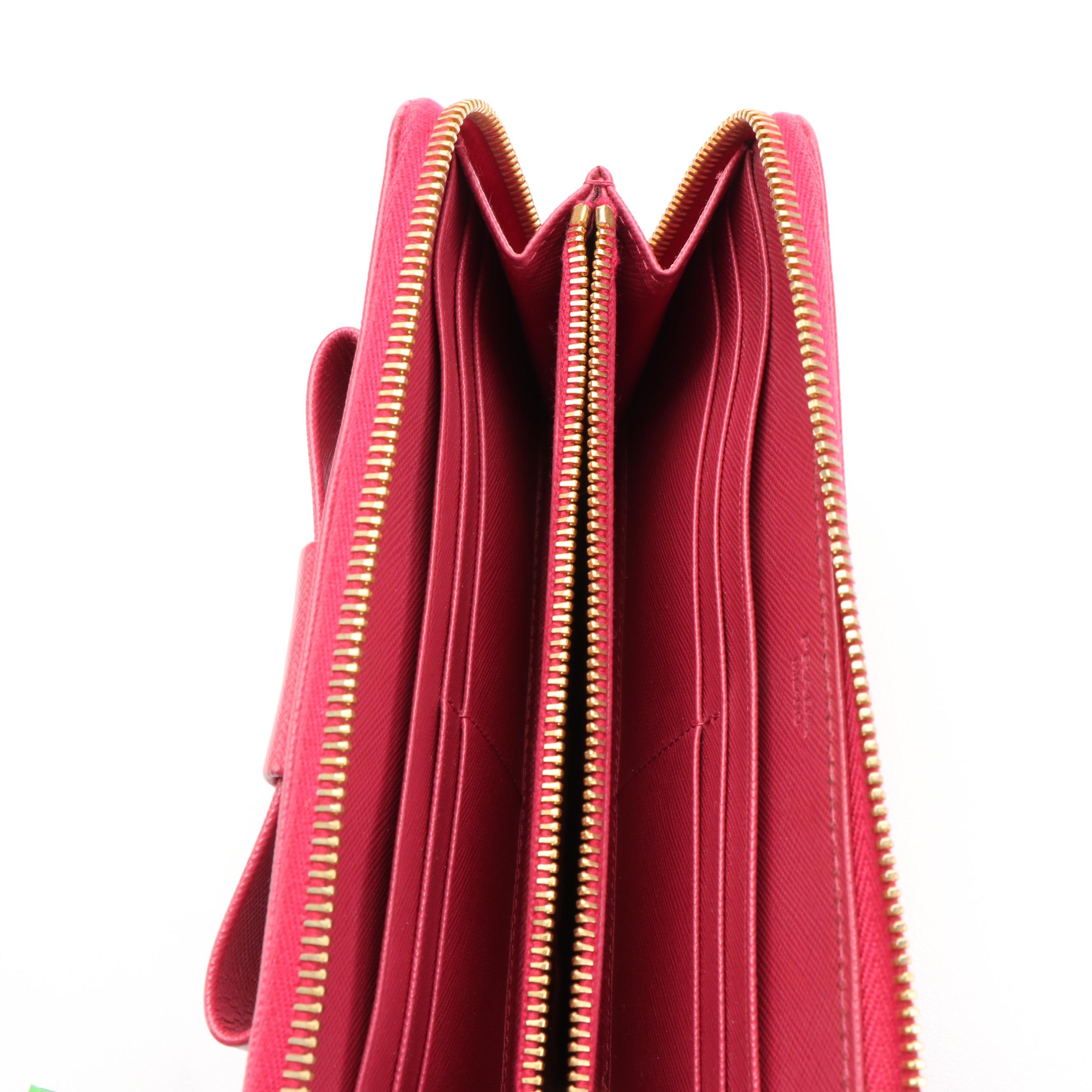 Prada Ribbon Motif Saffiano Leather Zip Around Wallet