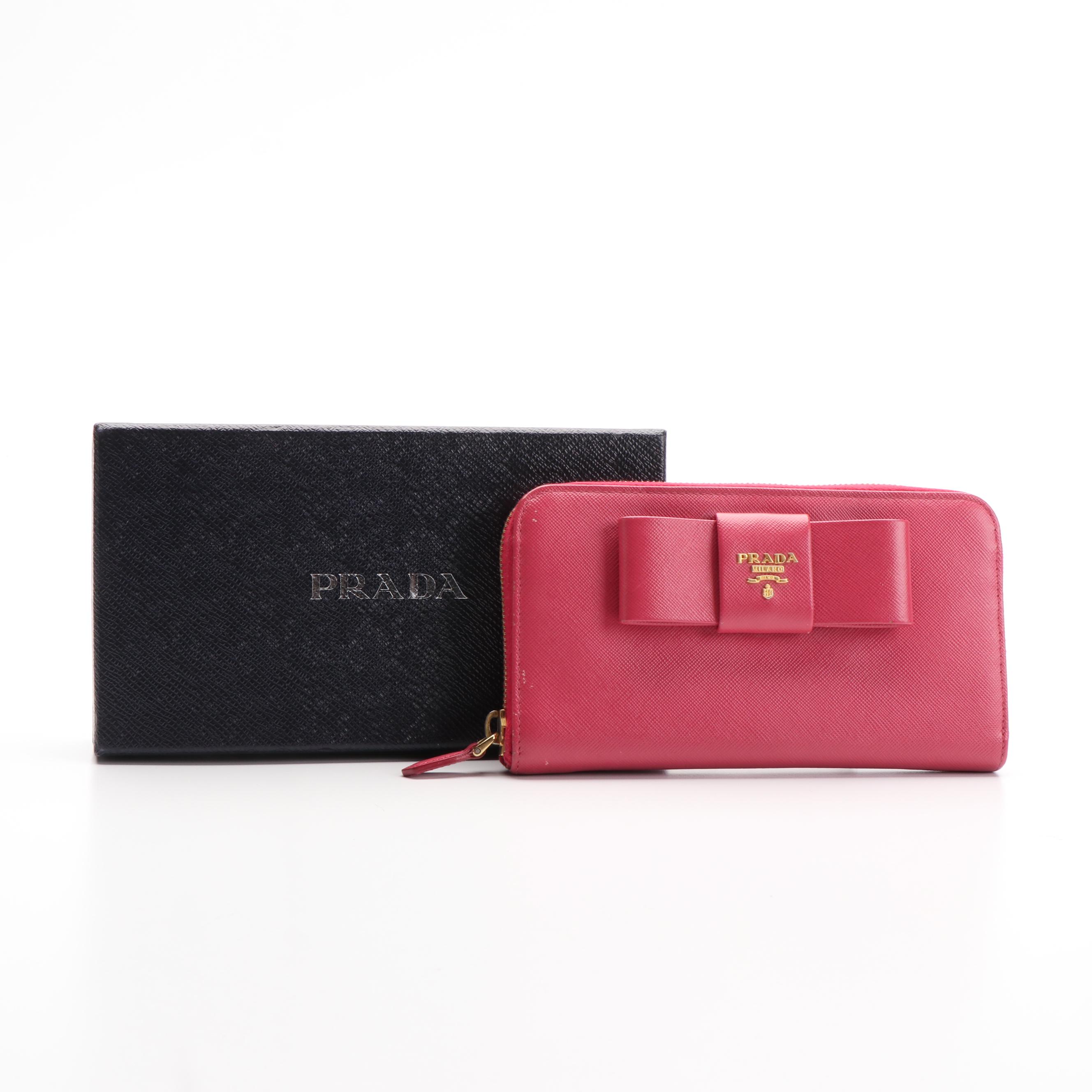 Prada Ribbon Motif Saffiano Leather Zip Around Wallet
