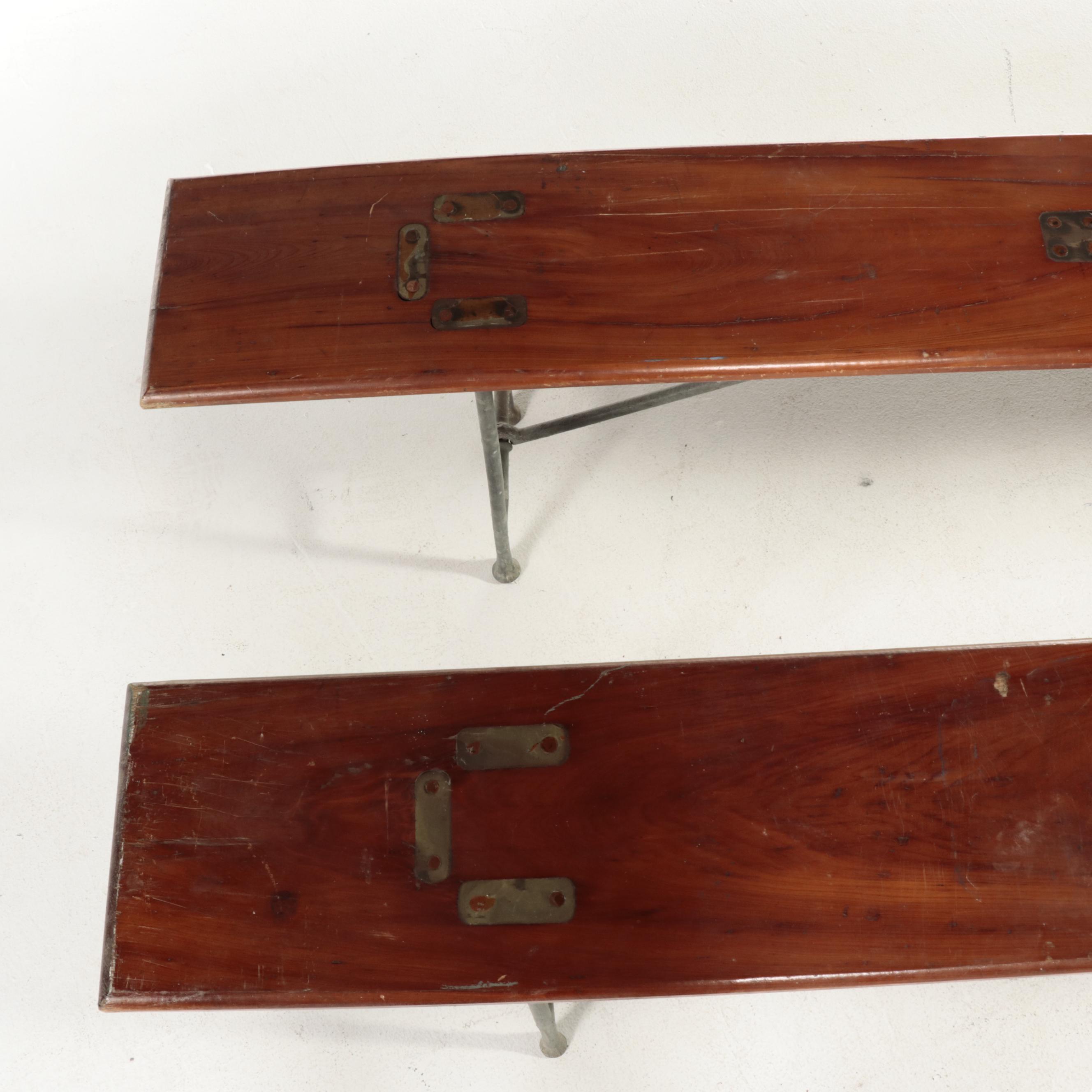 Mid Century Modern Folding Long Pine Wood Benches, Possibly Naval, Vintage
