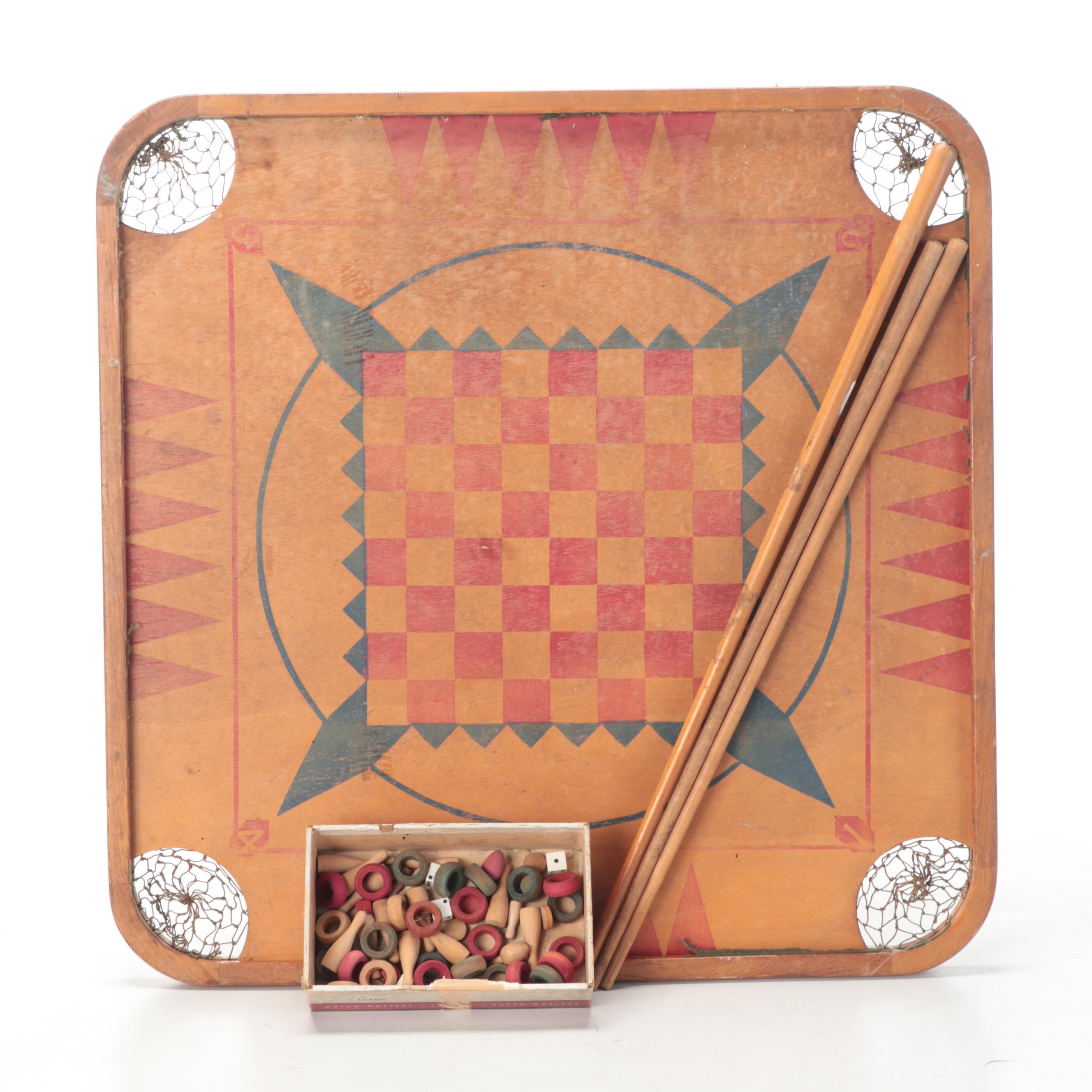 Carrom Game Board With Accessories, Early to Mid-20th Century