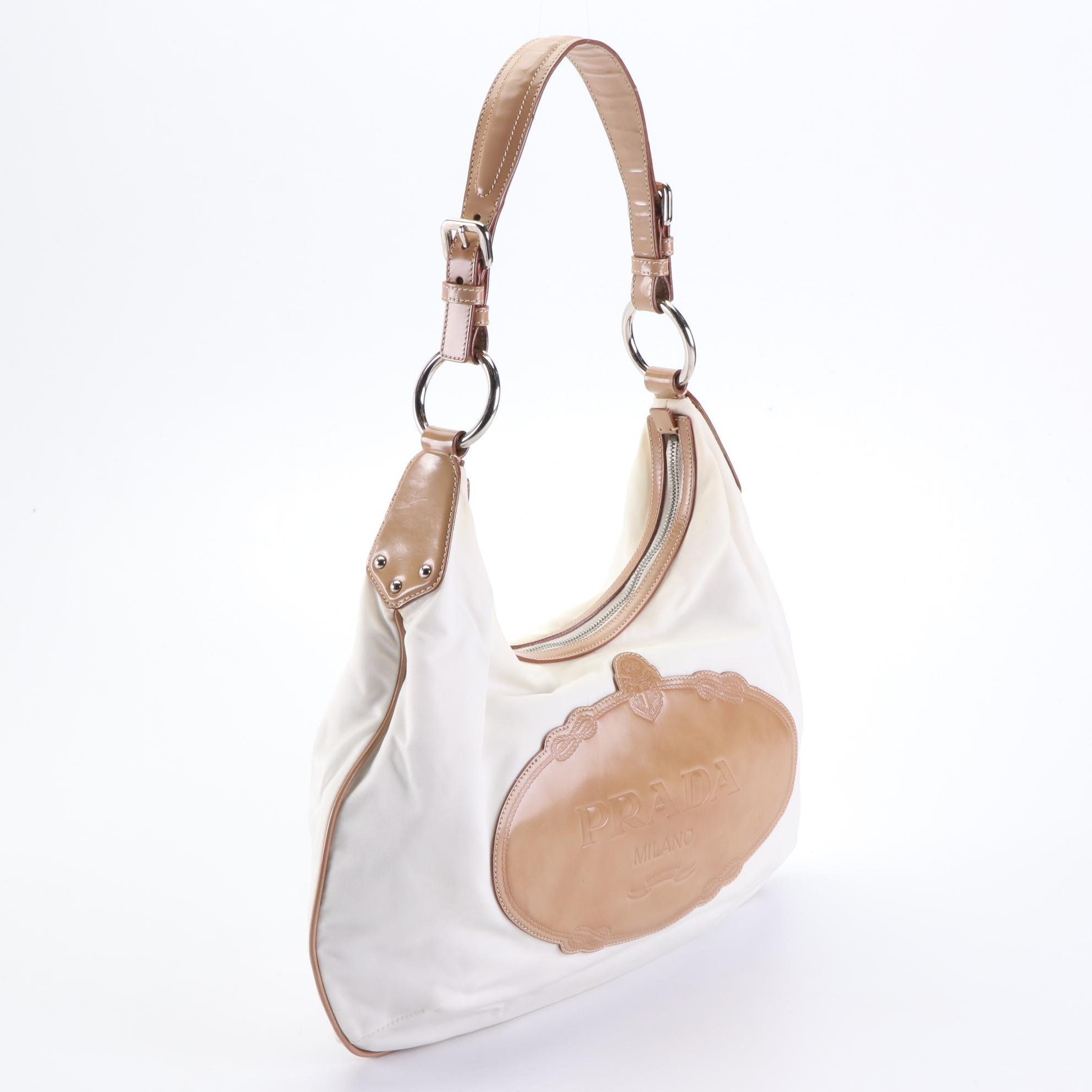 Prada White Nylon Logo Shoulder Bag with Chestnut Leather Trim