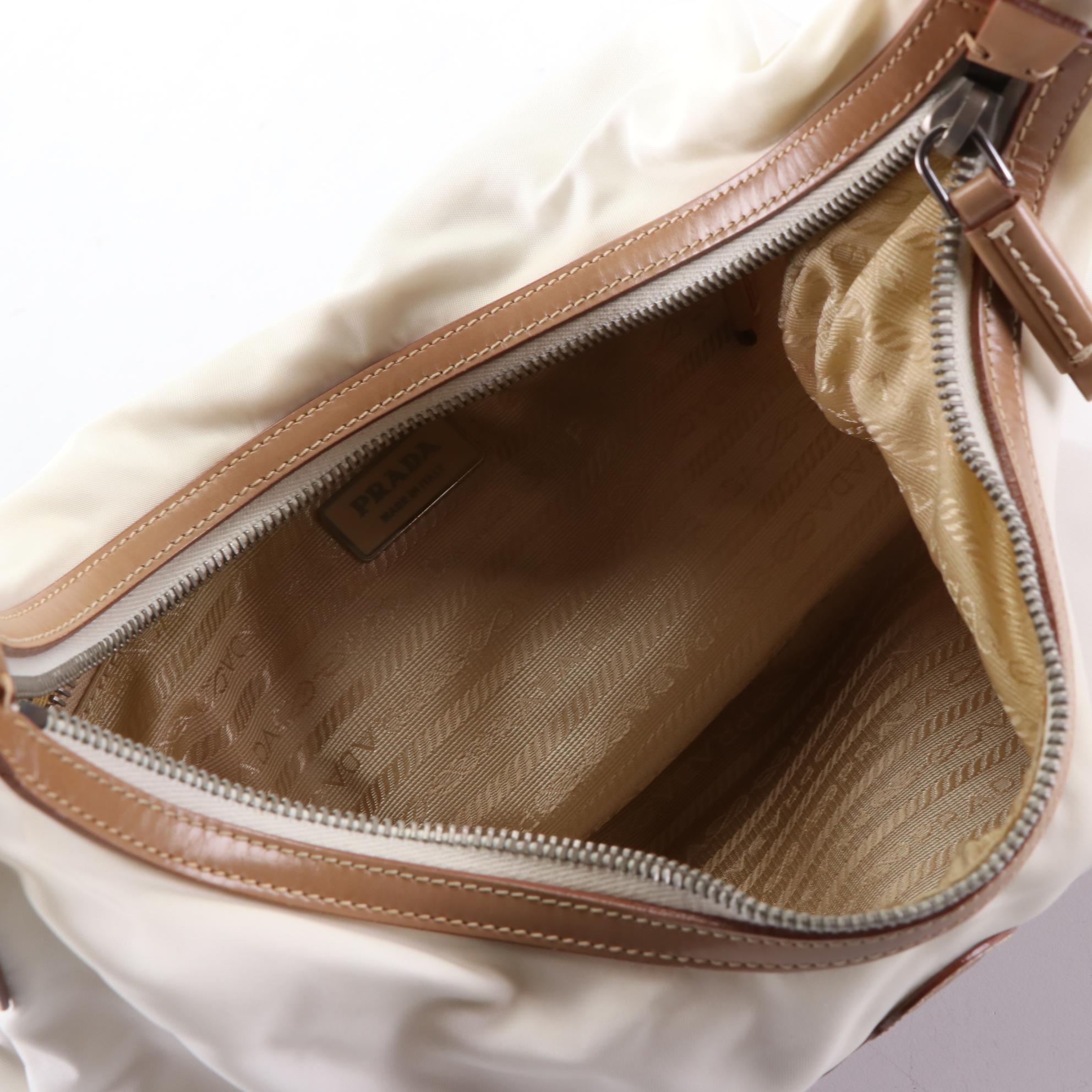 Prada White Nylon Logo Shoulder Bag with Chestnut Leather Trim