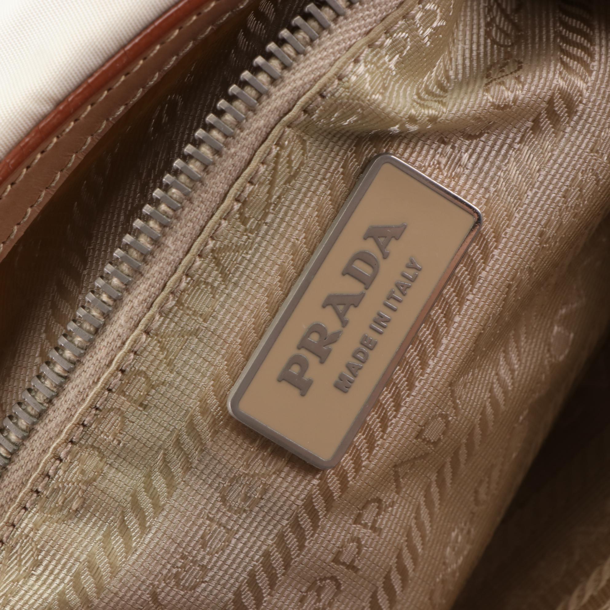 Prada White Nylon Logo Shoulder Bag with Chestnut Leather Trim