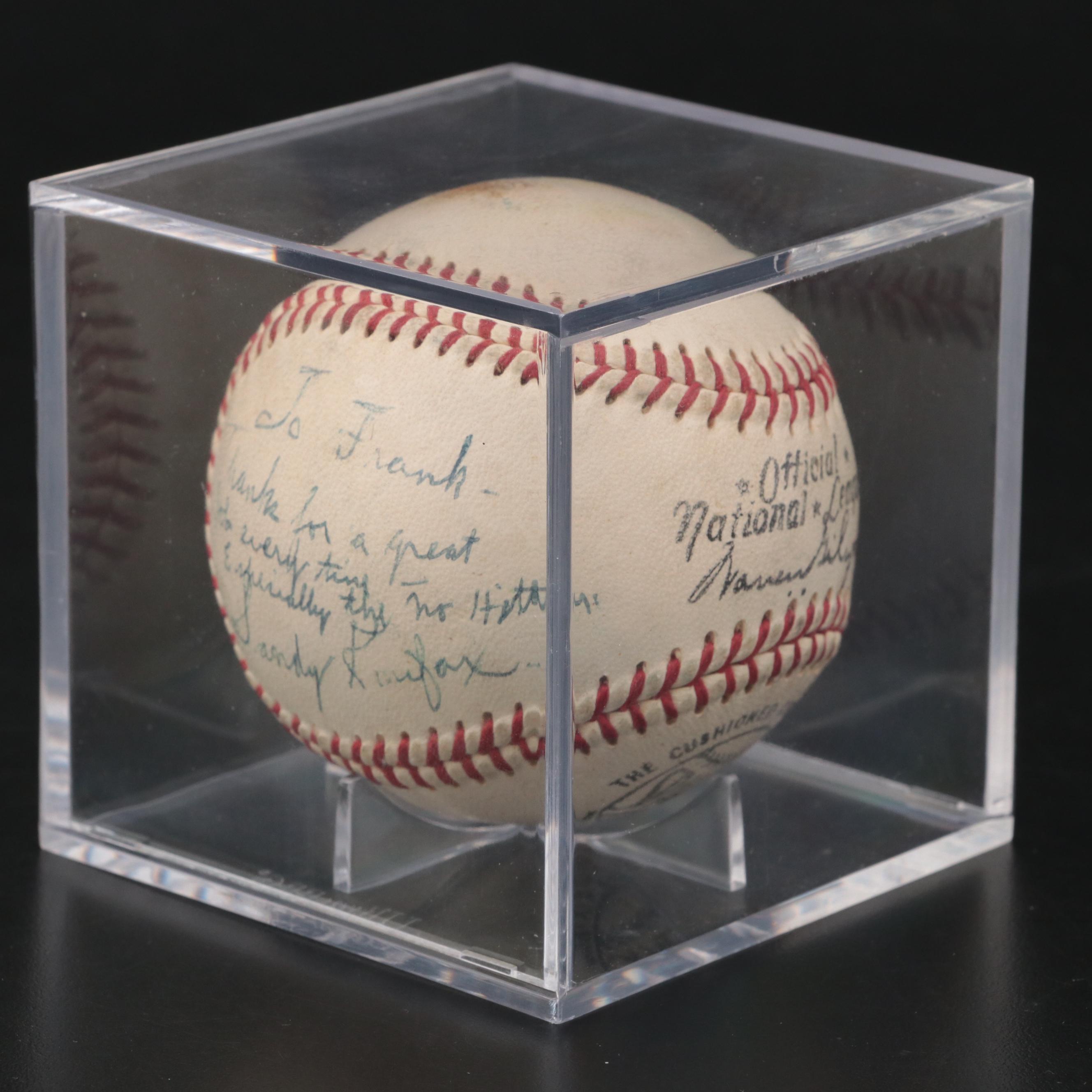 Sandy Koufax Signed Spalding Official National League Baseball with Display