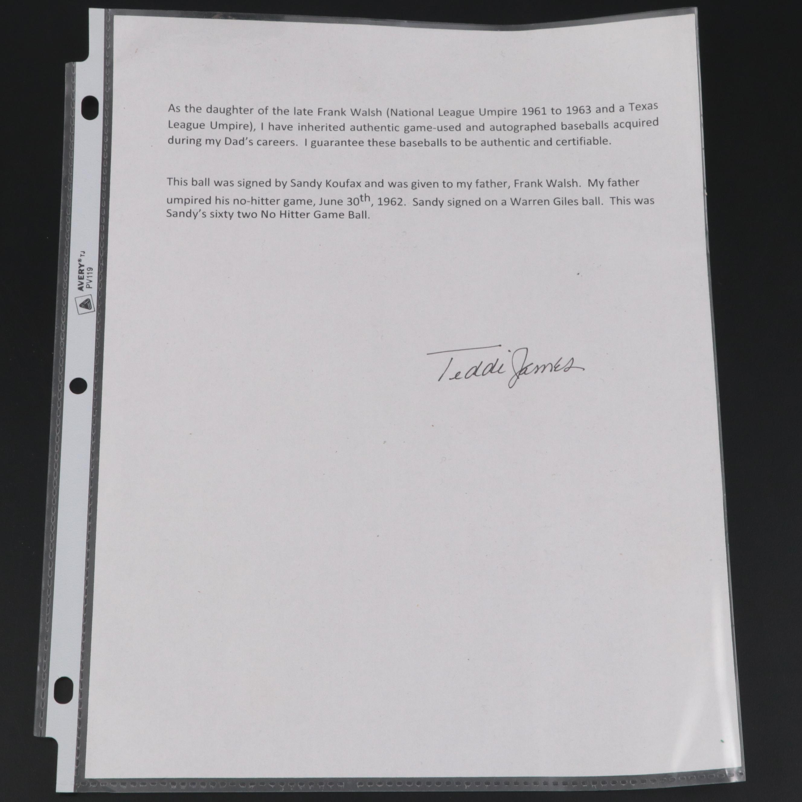 Sandy Koufax Signed Spalding Official National League Baseball with Display