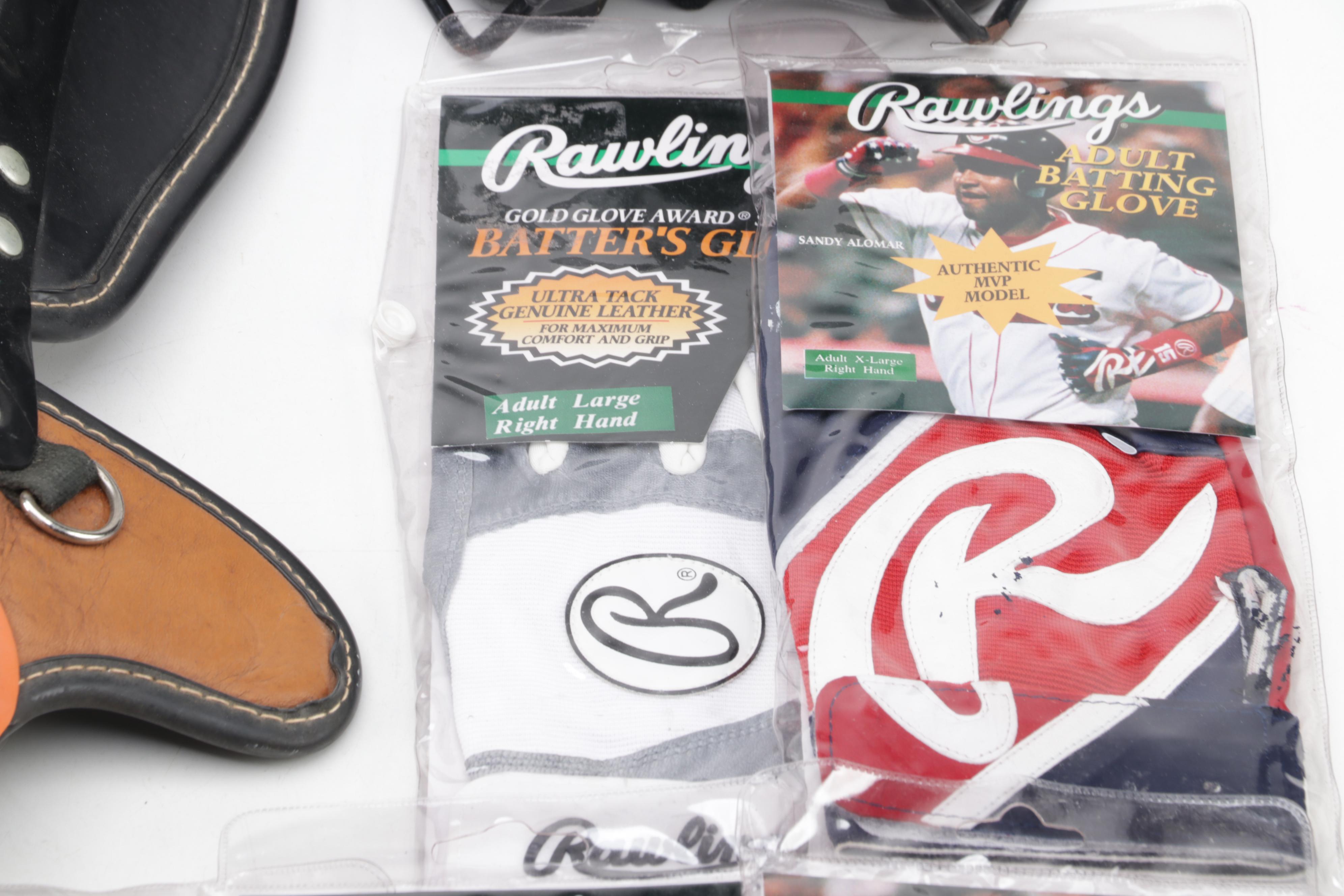 Wilson Shin Guards with Premier Catcher's Mask, and Rawlings Batting Gloves