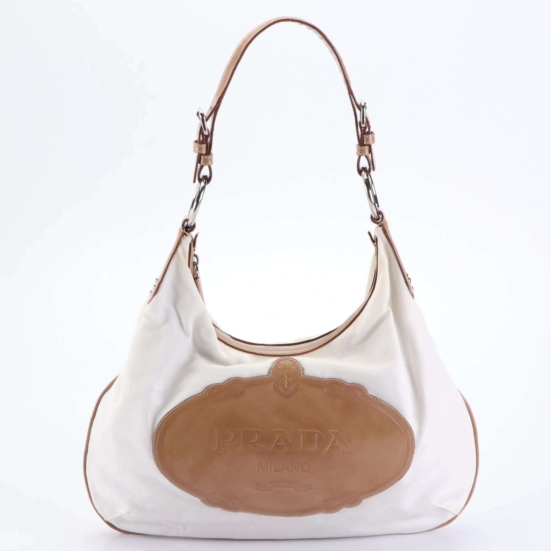 Prada White Nylon Logo Shoulder Bag with Chestnut Leather Trim