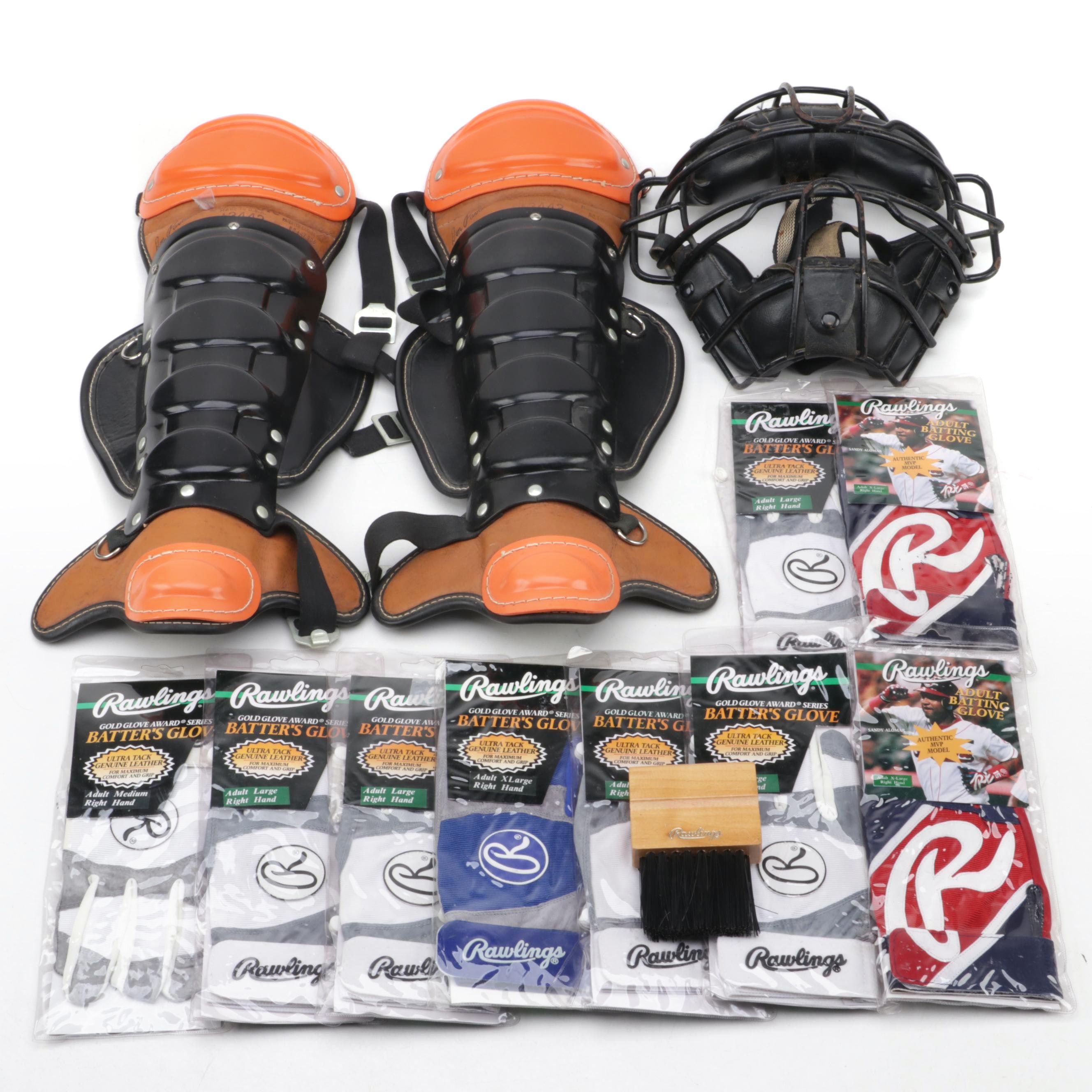 Wilson Shin Guards with Premier Catcher's Mask, and Rawlings Batting Gloves