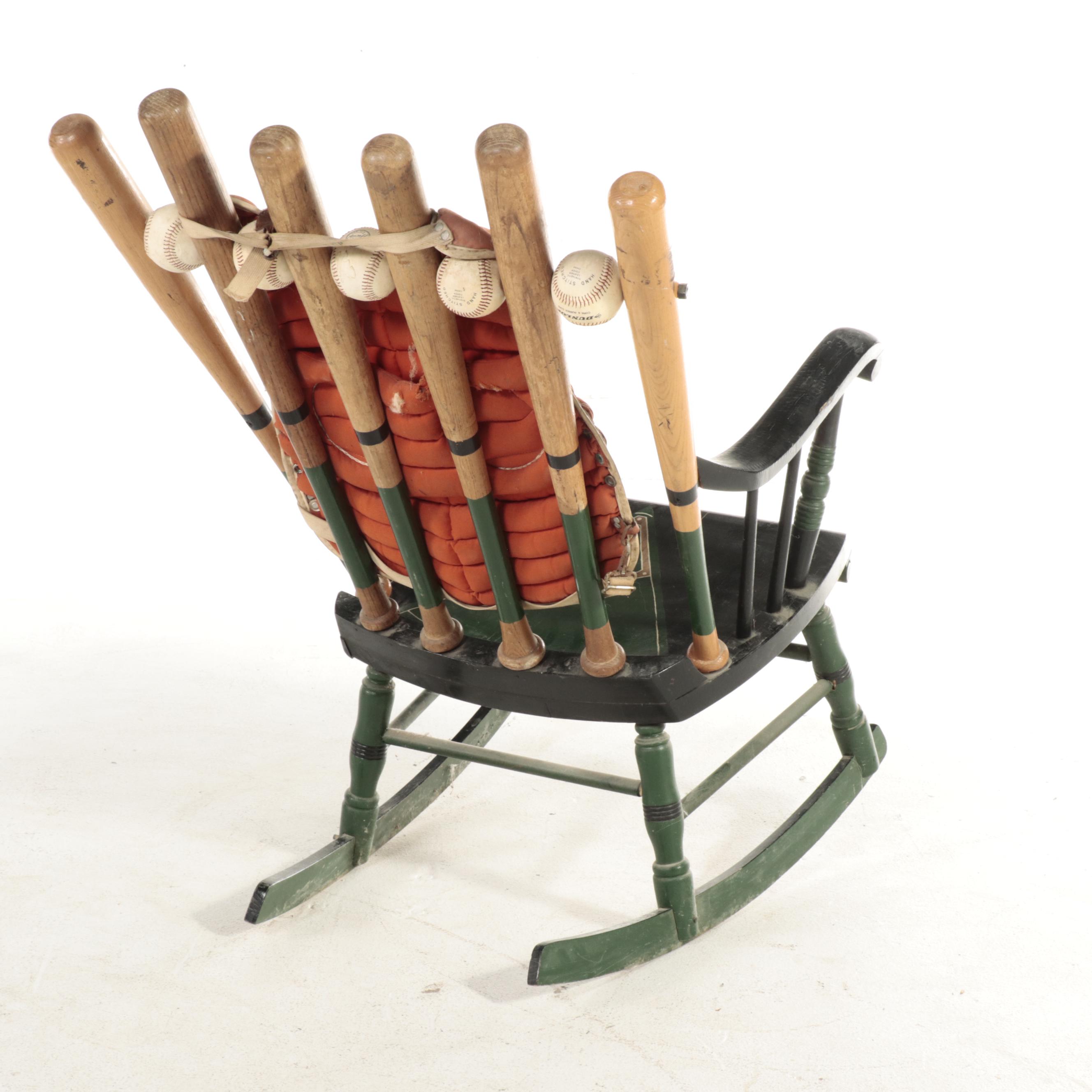 Wooden Rocking Chair Made of Baseball Bats and Equipment