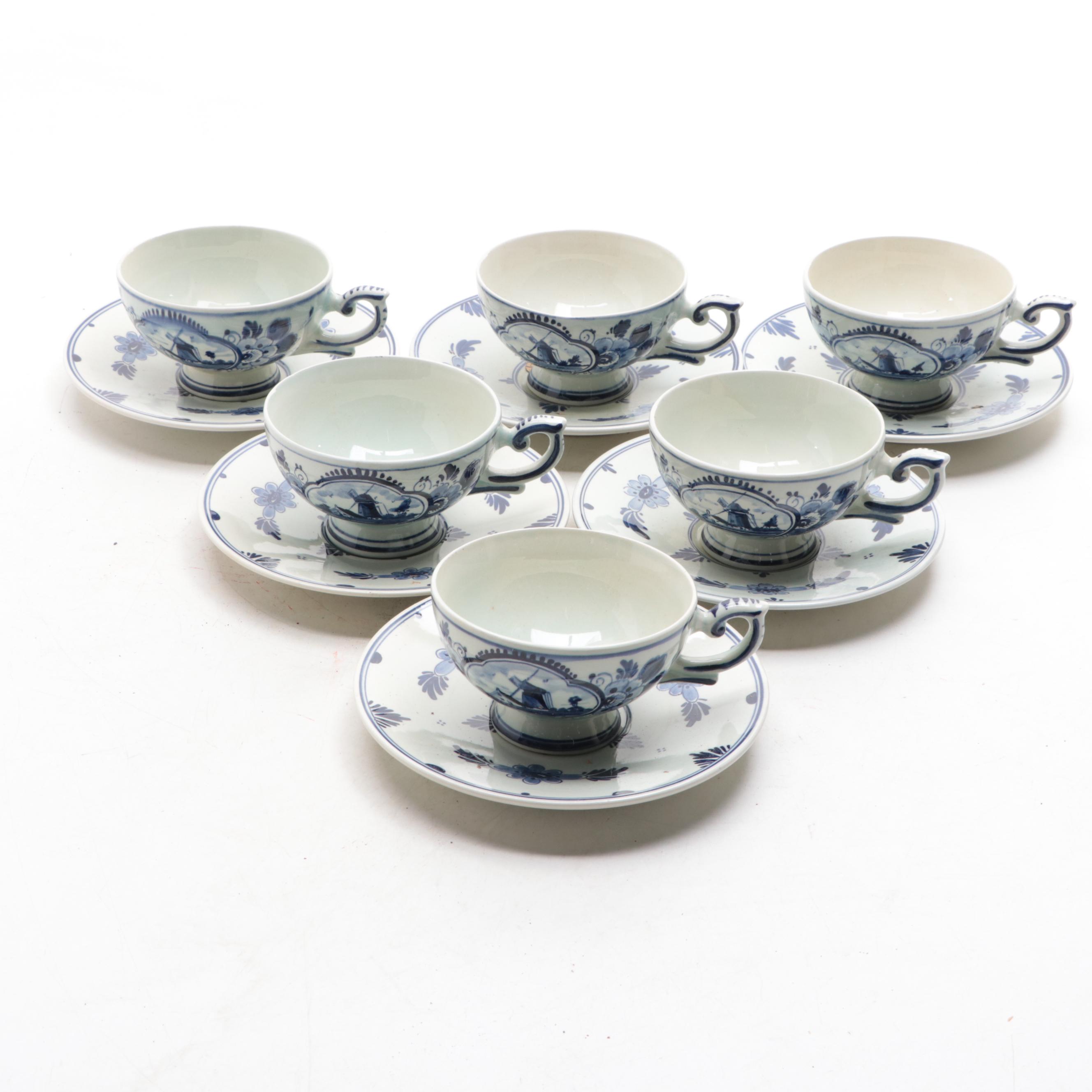 Delft Earthenware Teacups and Saucers, Mid to Late 20th Century