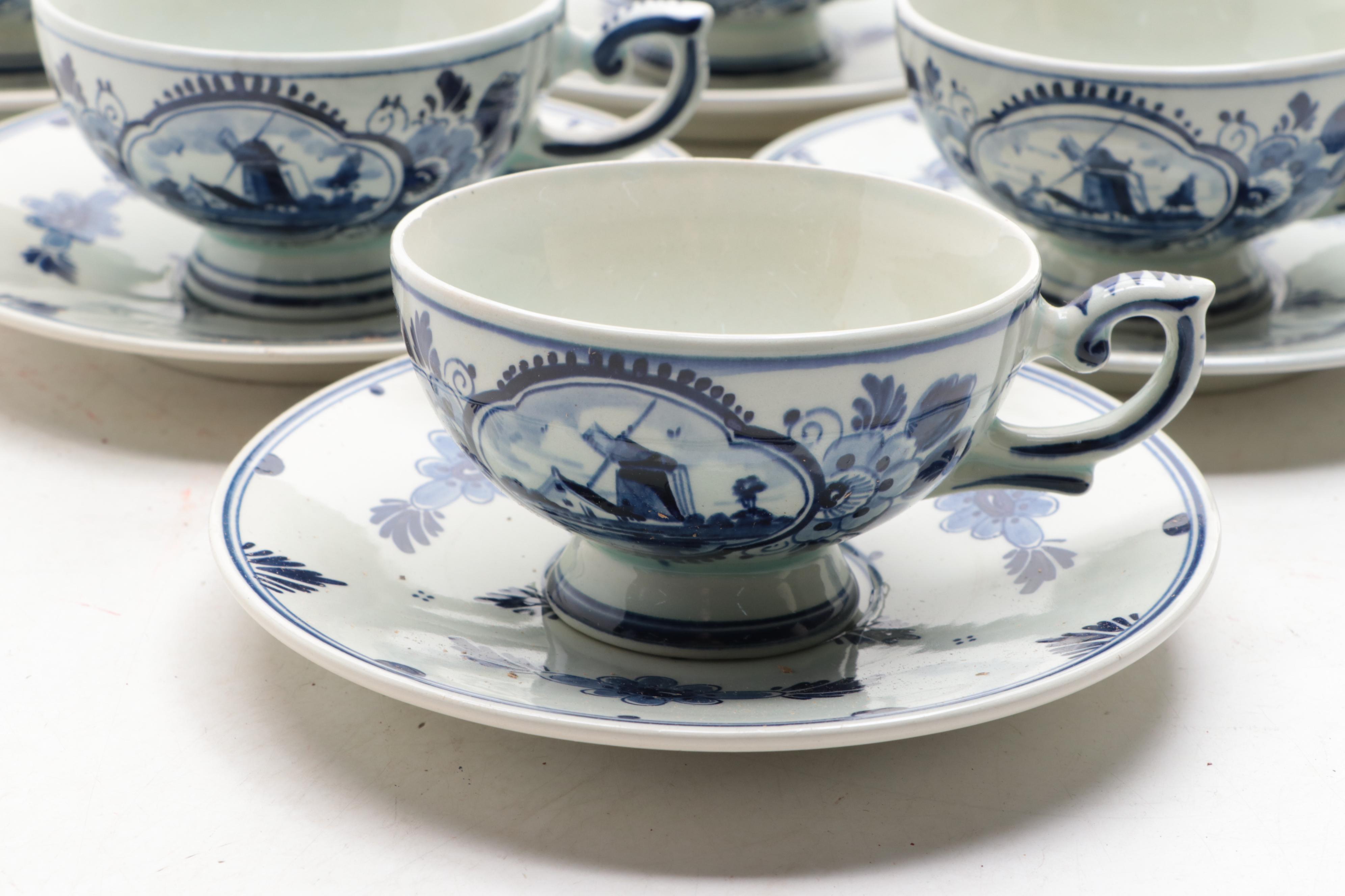 Delft Earthenware Teacups and Saucers, Mid to Late 20th Century