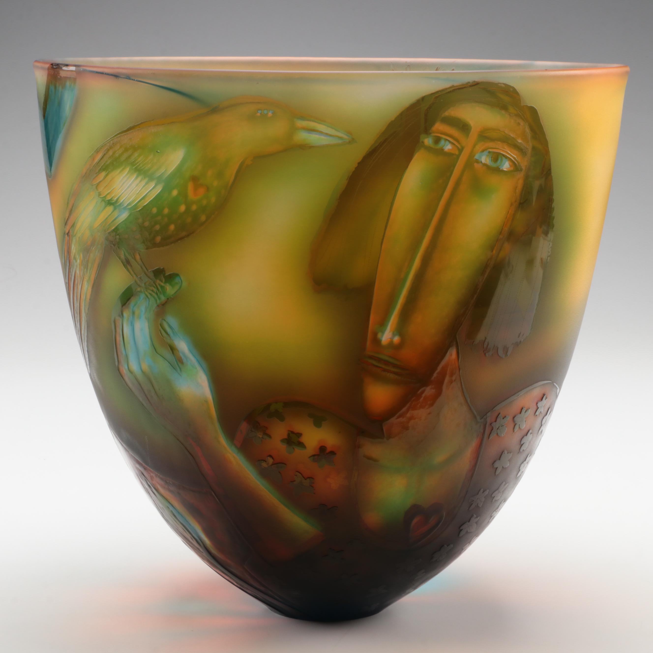 Clare Henshaw Signed Studio Art Glass Pictorial Bowl, 1991