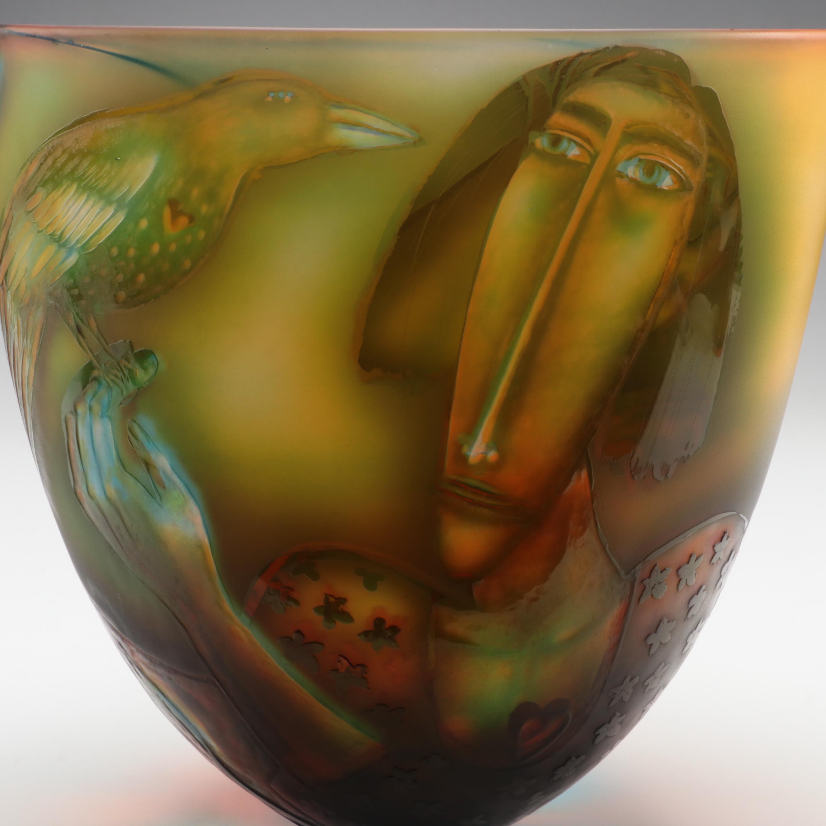 Clare Henshaw Signed Studio Art Glass Pictorial Bowl, 1991