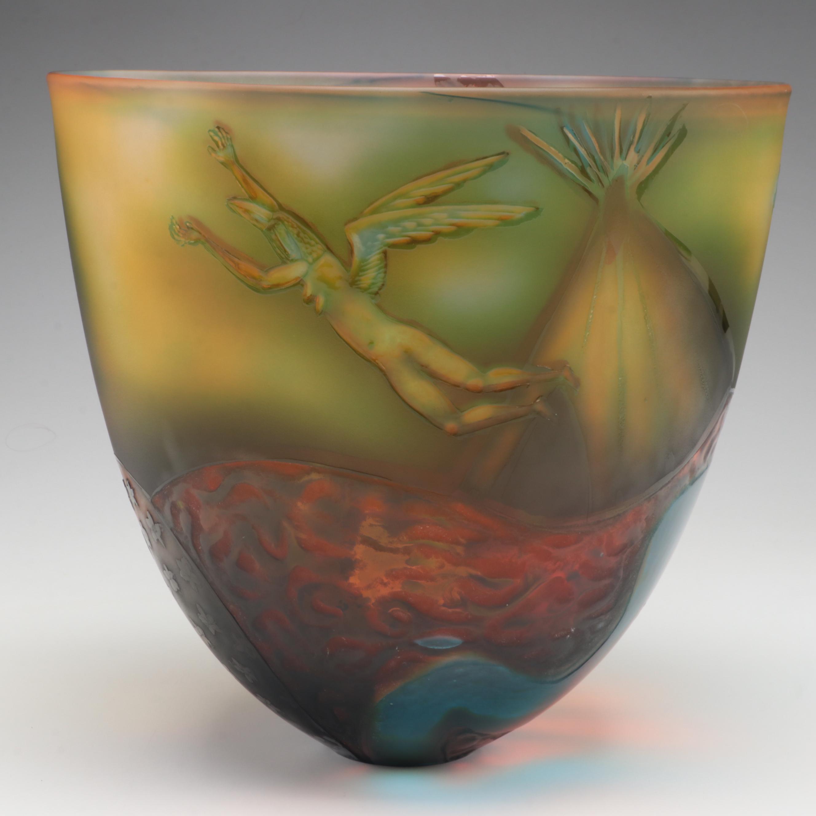 Clare Henshaw Signed Studio Art Glass Pictorial Bowl, 1991