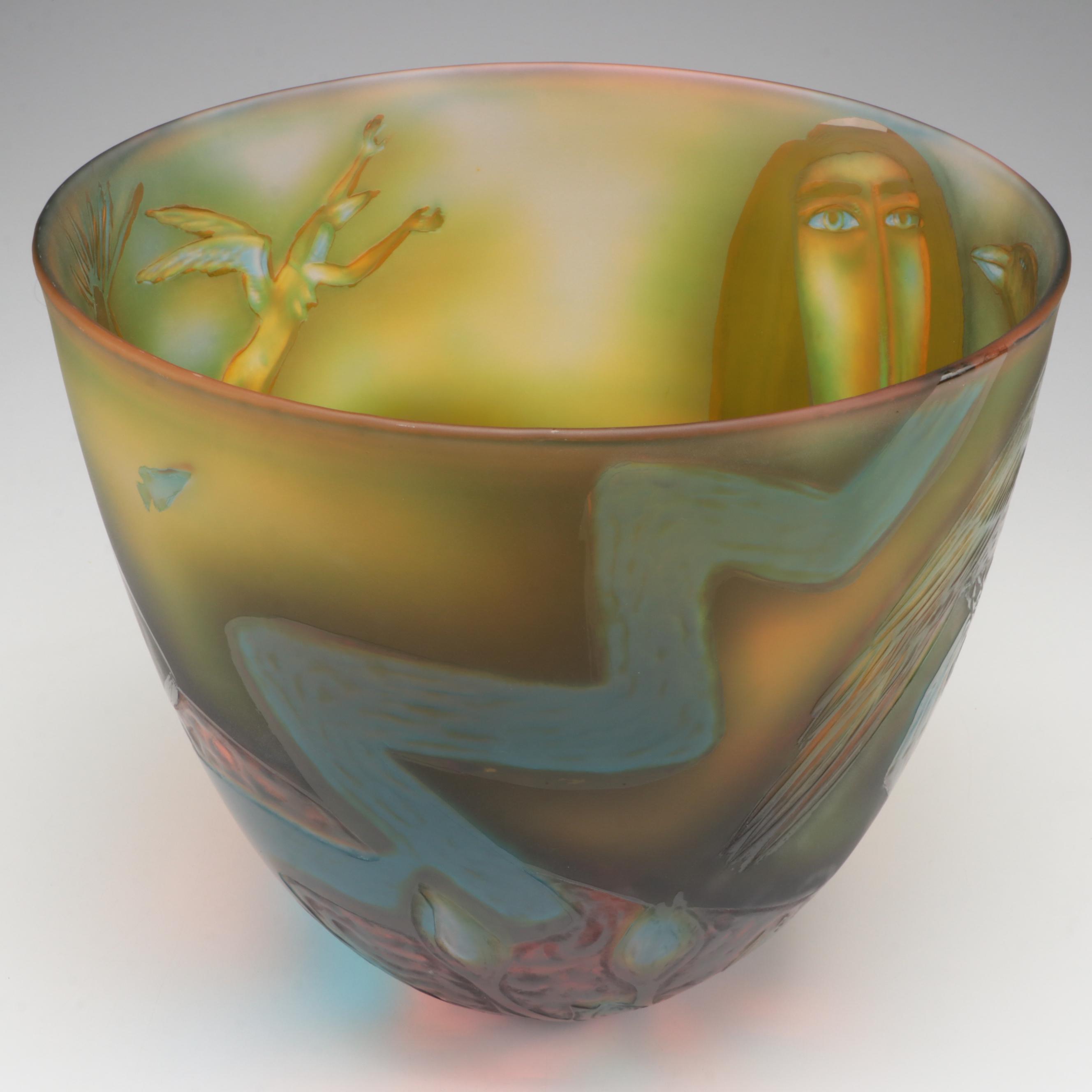 Clare Henshaw Signed Studio Art Glass Pictorial Bowl, 1991