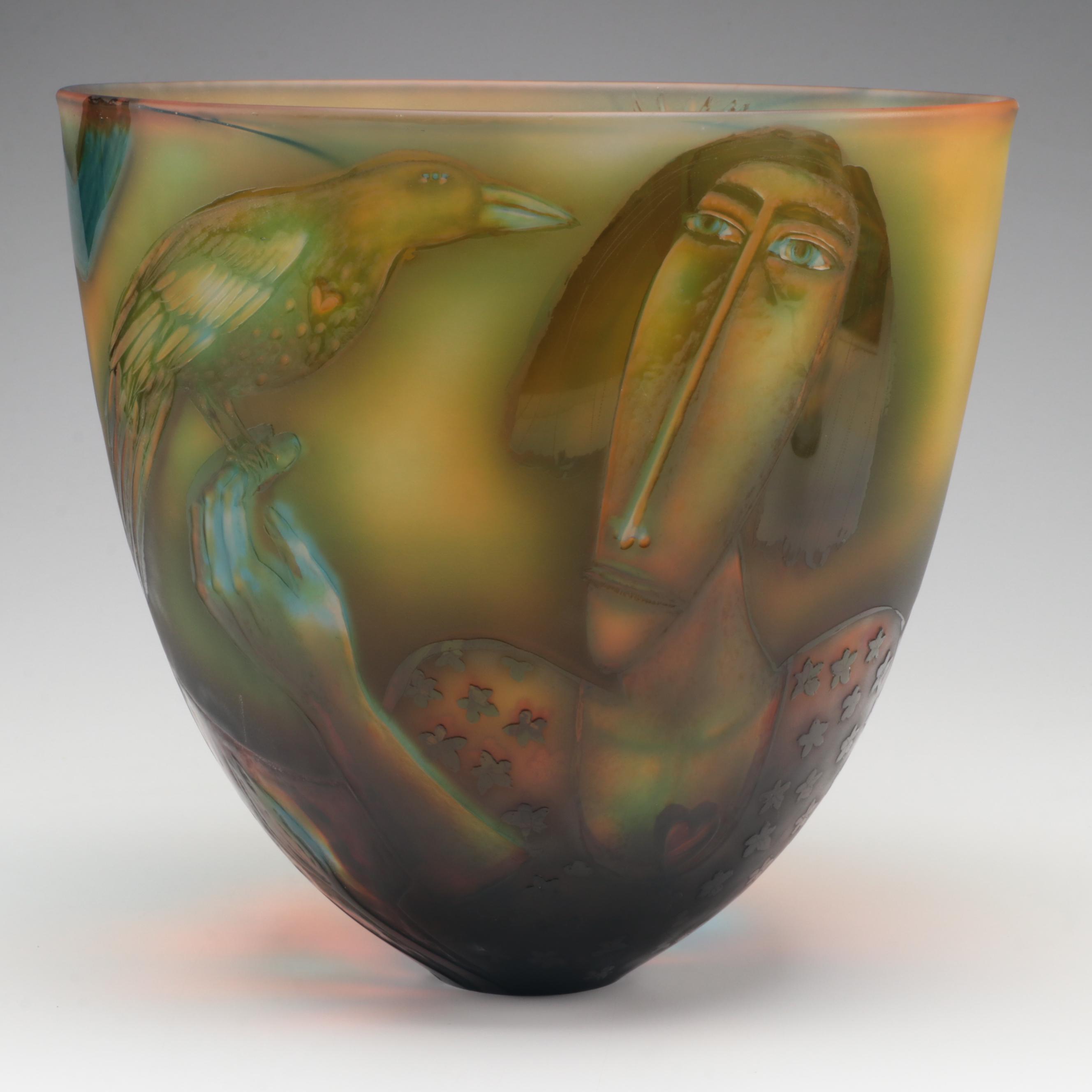 Clare Henshaw Signed Studio Art Glass Pictorial Bowl, 1991