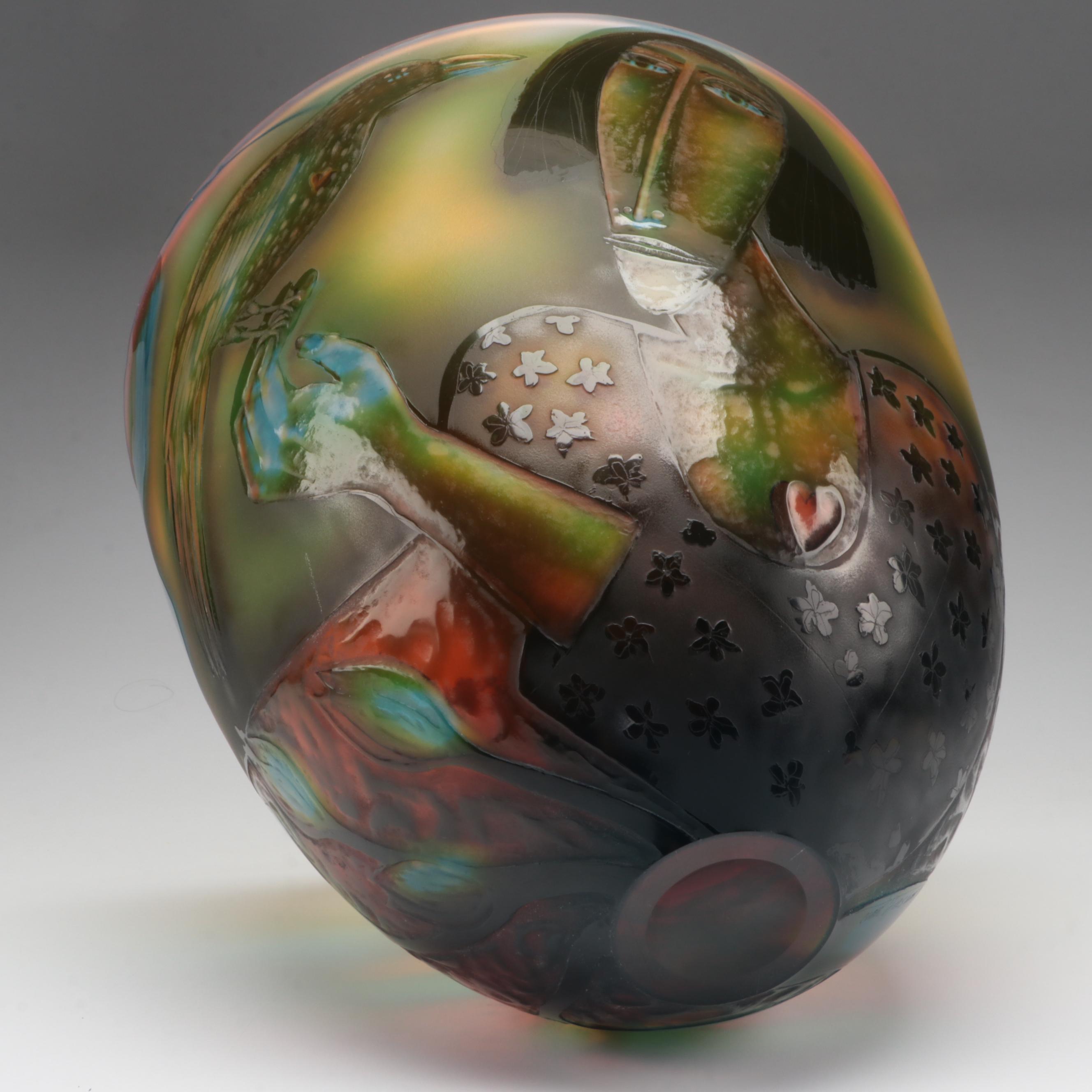 Clare Henshaw Signed Studio Art Glass Pictorial Bowl, 1991