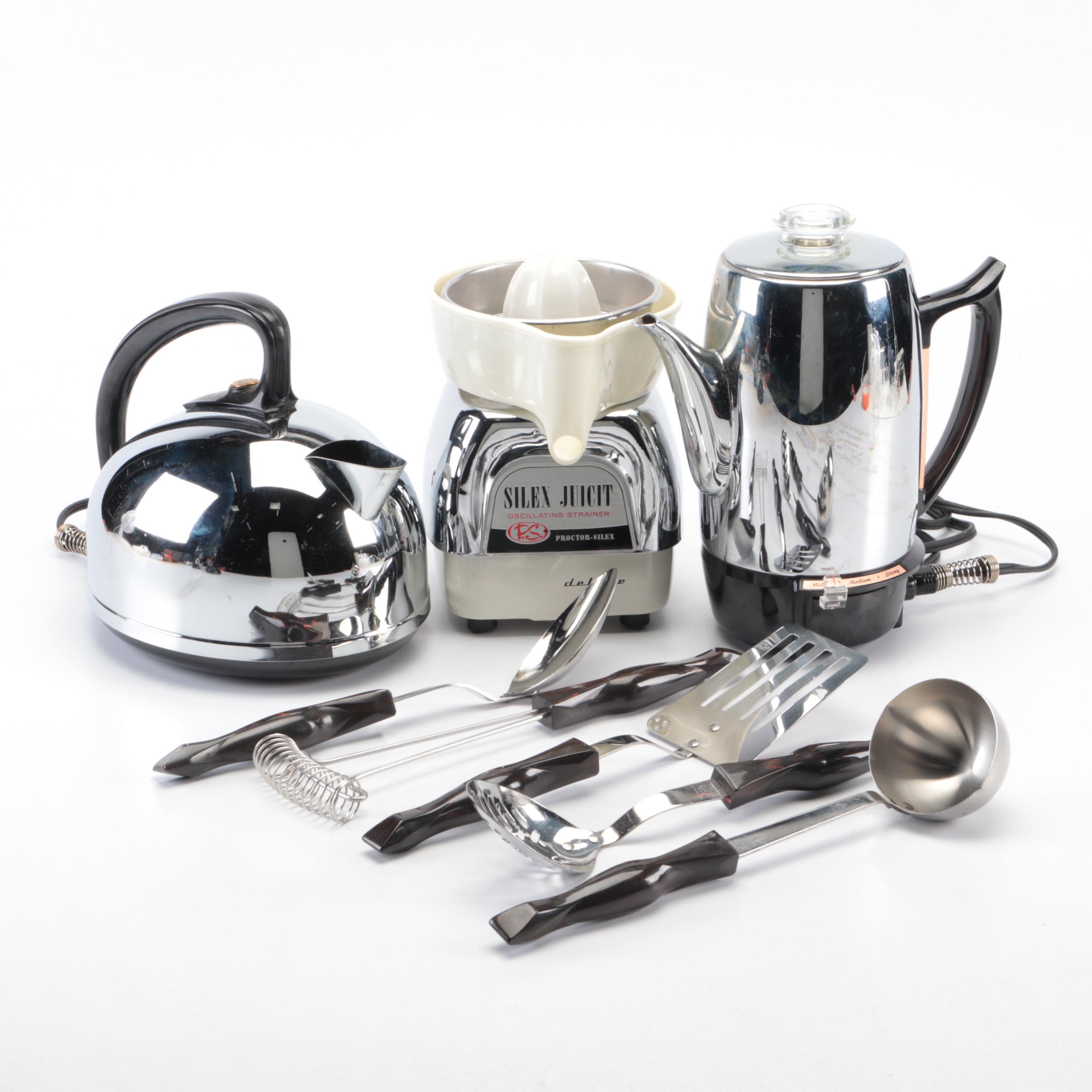 Art Deco Style General Electric Kettle and Percolator with Other Kitchenware