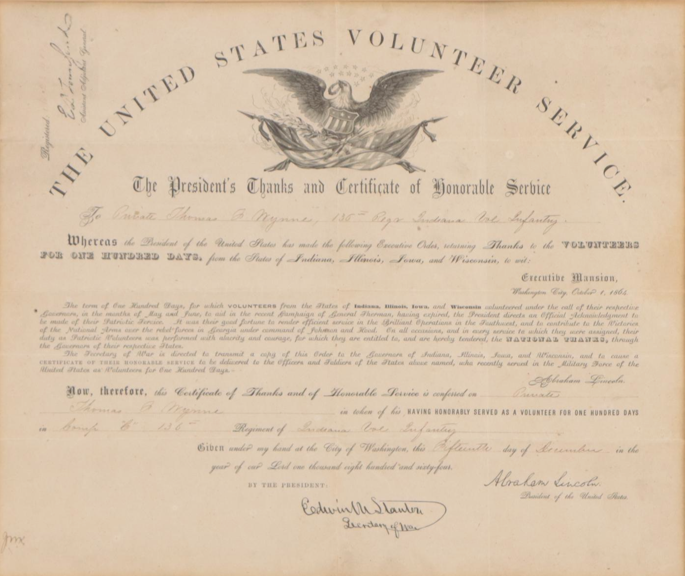 United States Volunteer Service Certificate of Honorable Service, 1864