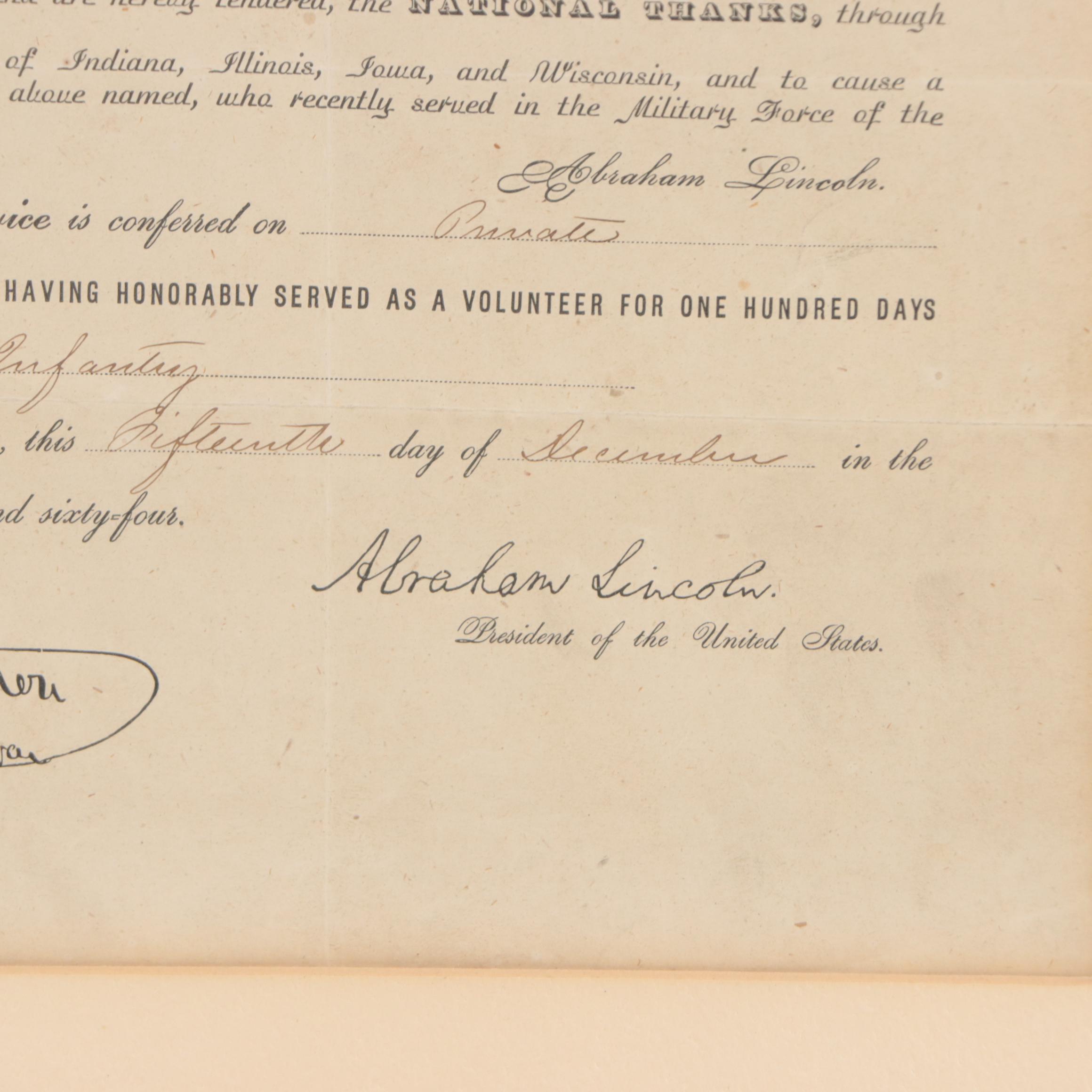 United States Volunteer Service Certificate of Honorable Service, 1864