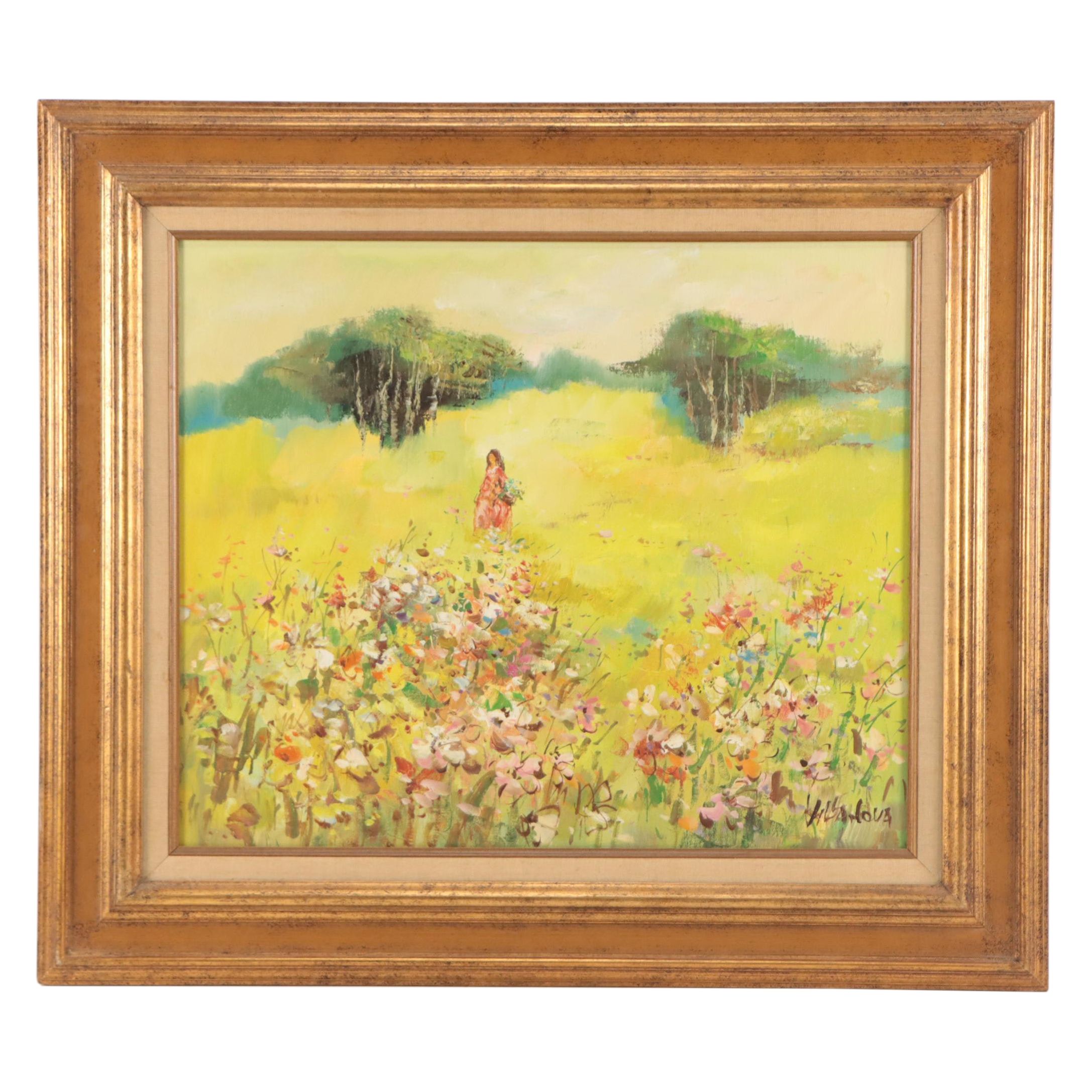 Landscape Oil Painting of Figure in Field of Flowers
