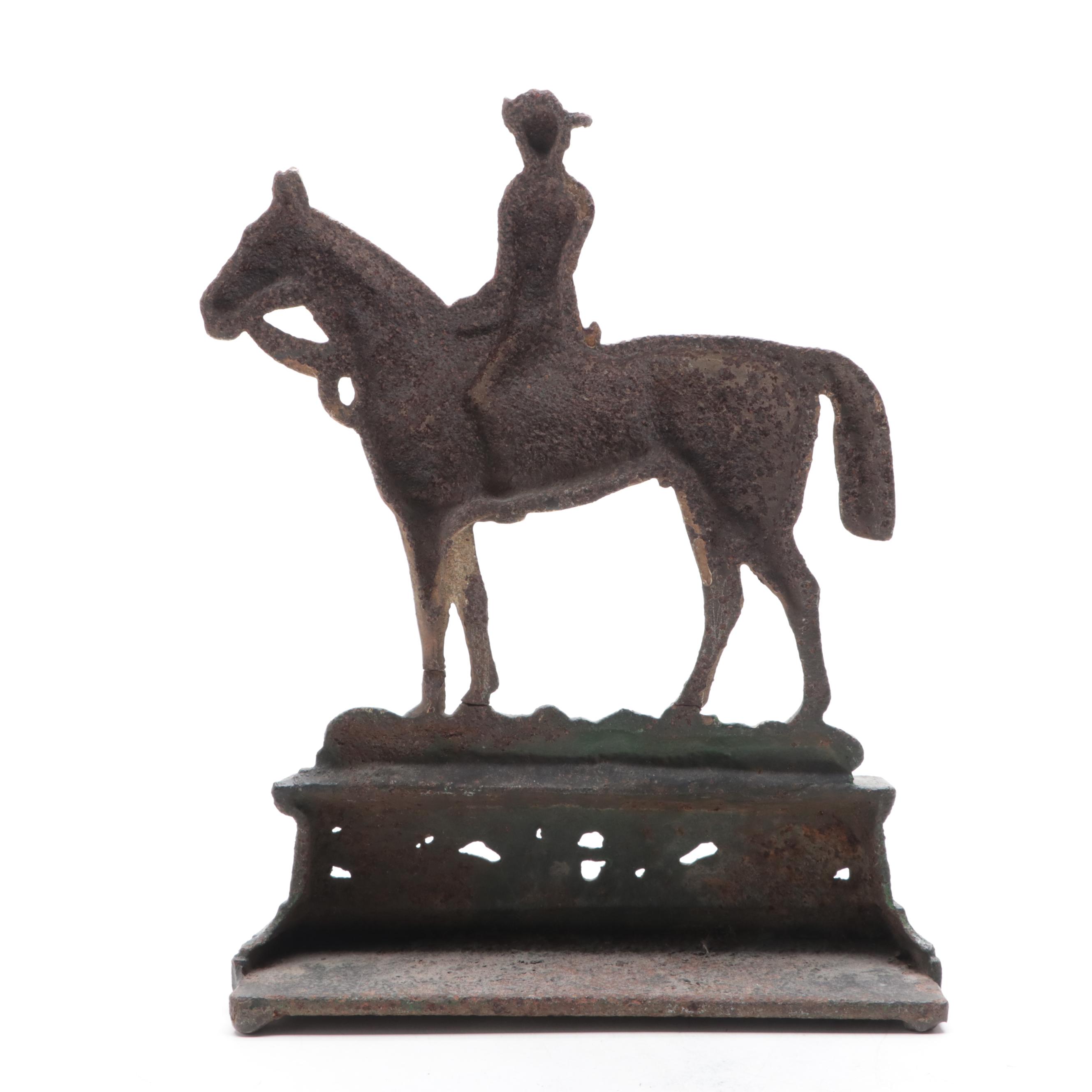 Cold Painted Cast Iron Horse and Rider Doorstop