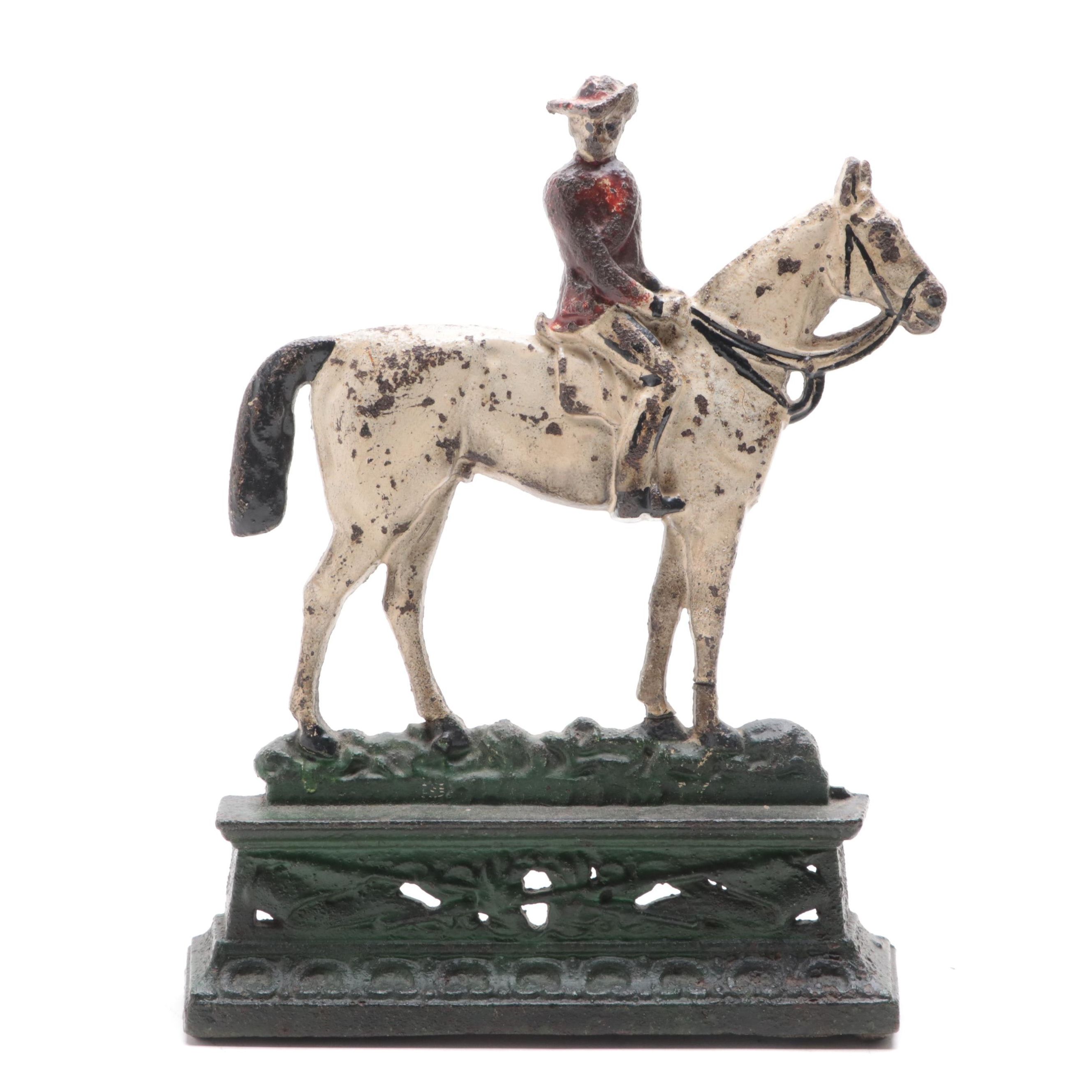 Cold Painted Cast Iron Horse and Rider Doorstop